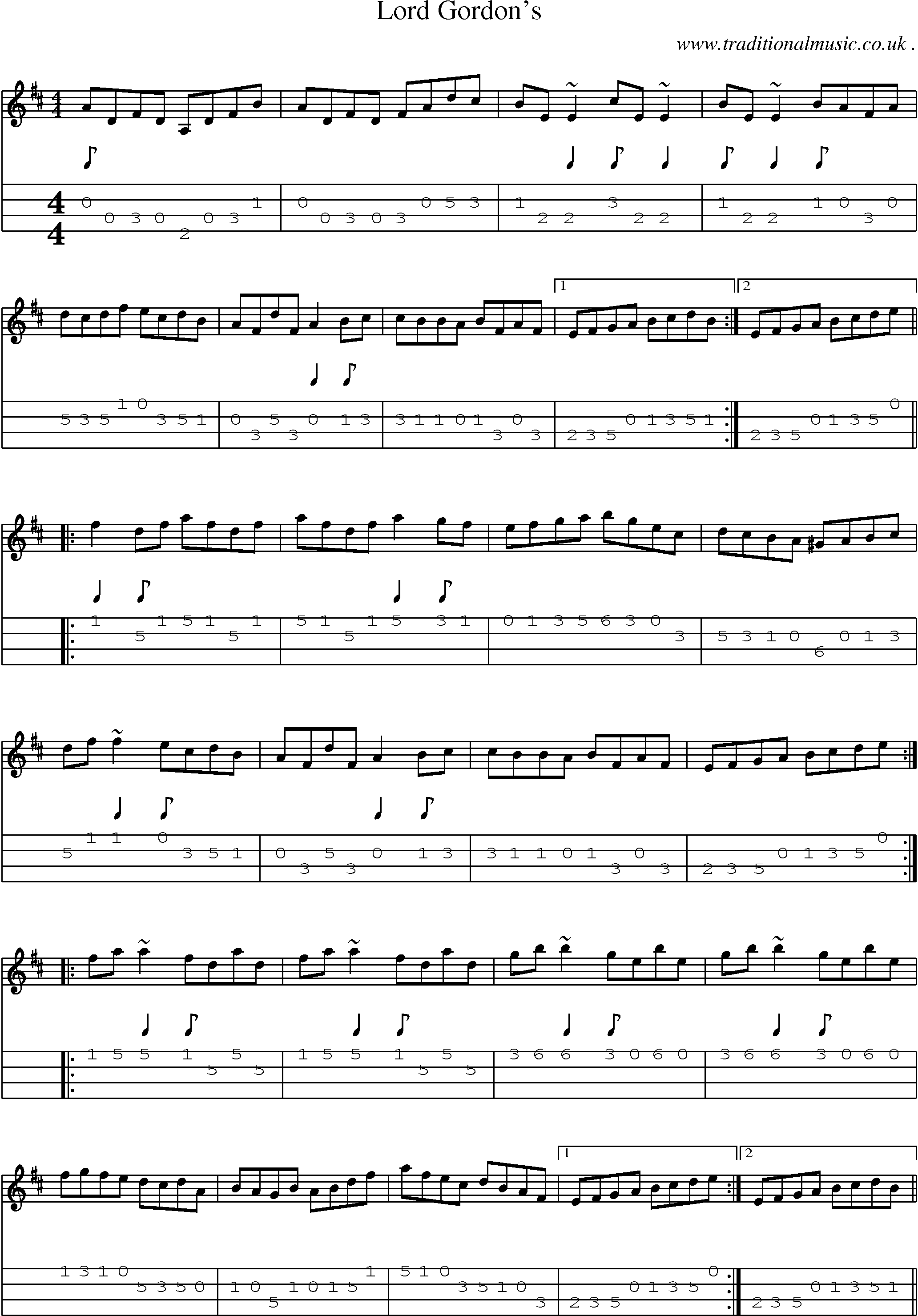 Sheet-music  score, Chords and Mandolin Tabs for Lord Gordons
