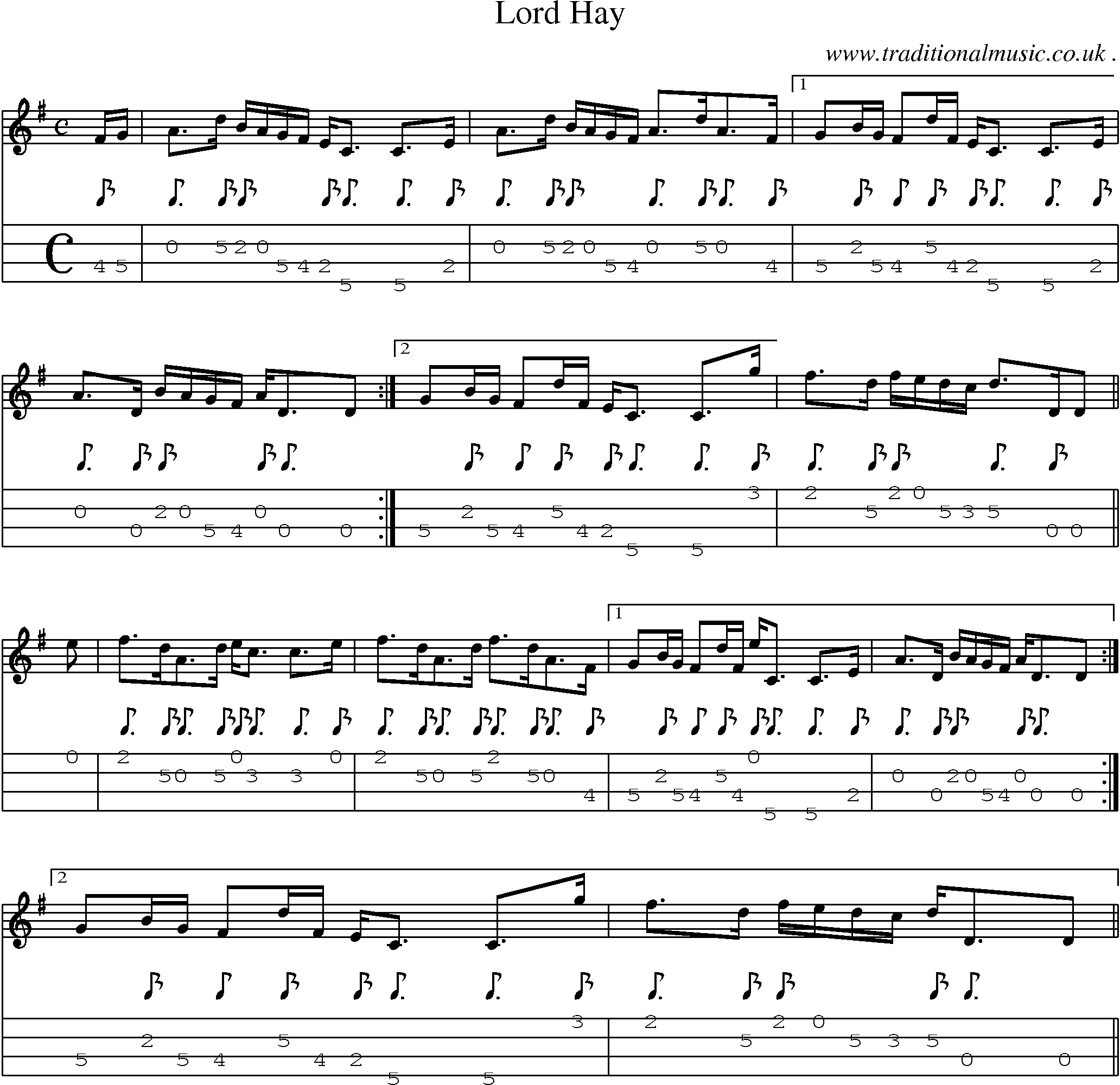 Sheet-music  score, Chords and Mandolin Tabs for Lord Hay