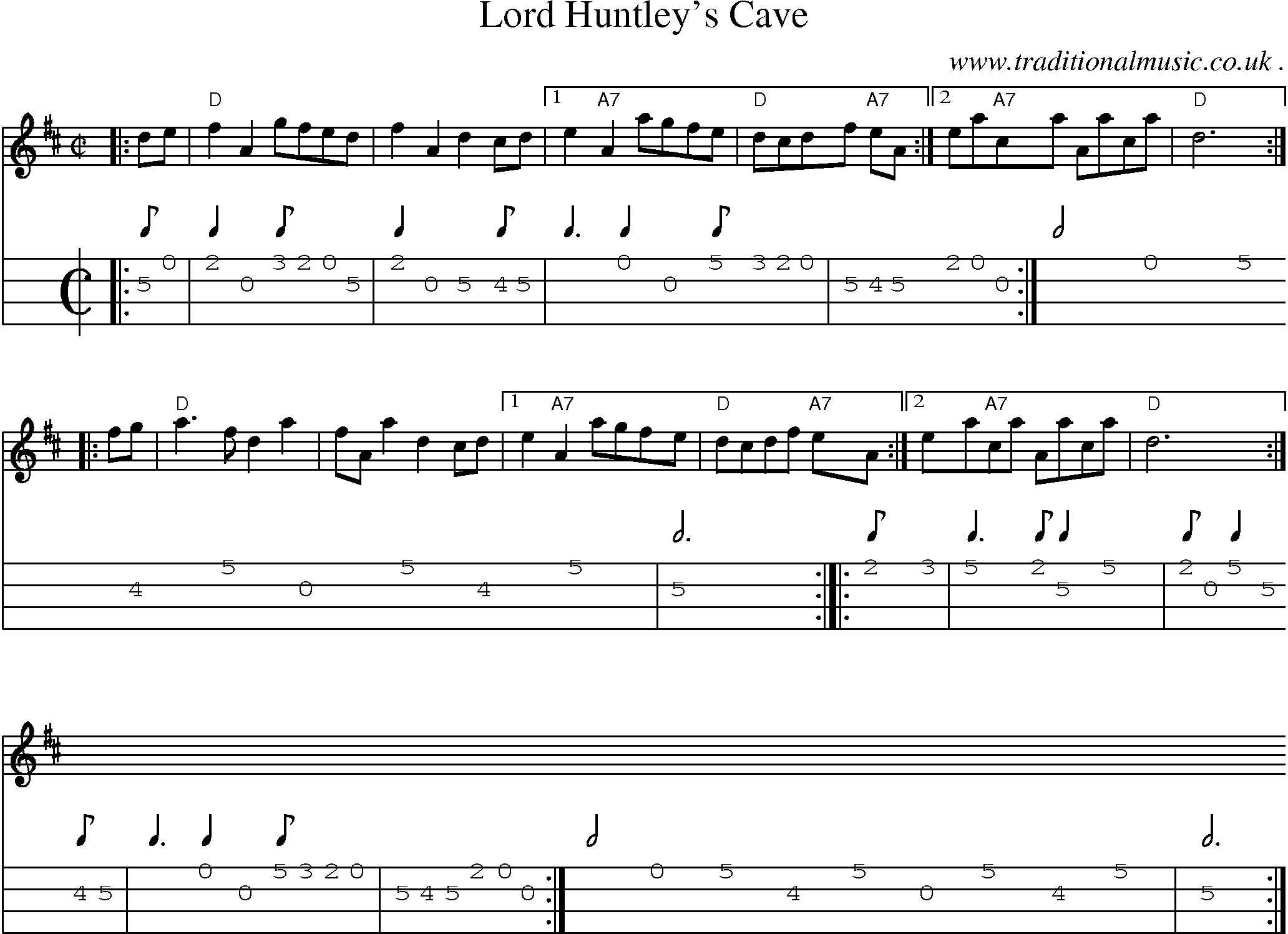 Sheet-music  score, Chords and Mandolin Tabs for Lord Huntleys Cave