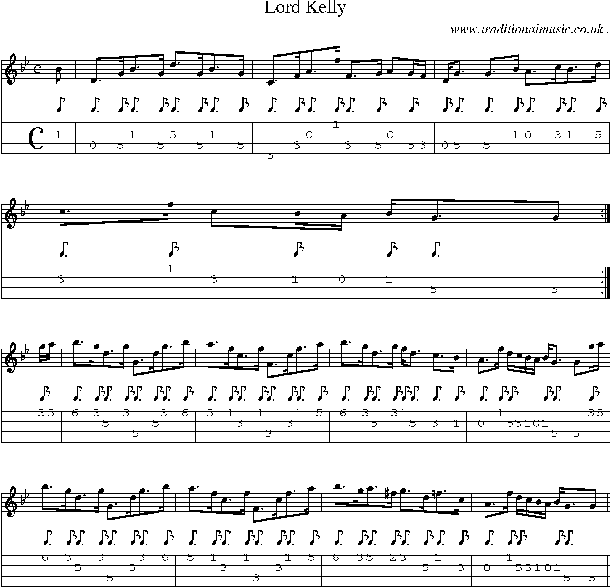 Sheet-music  score, Chords and Mandolin Tabs for Lord Kelly
