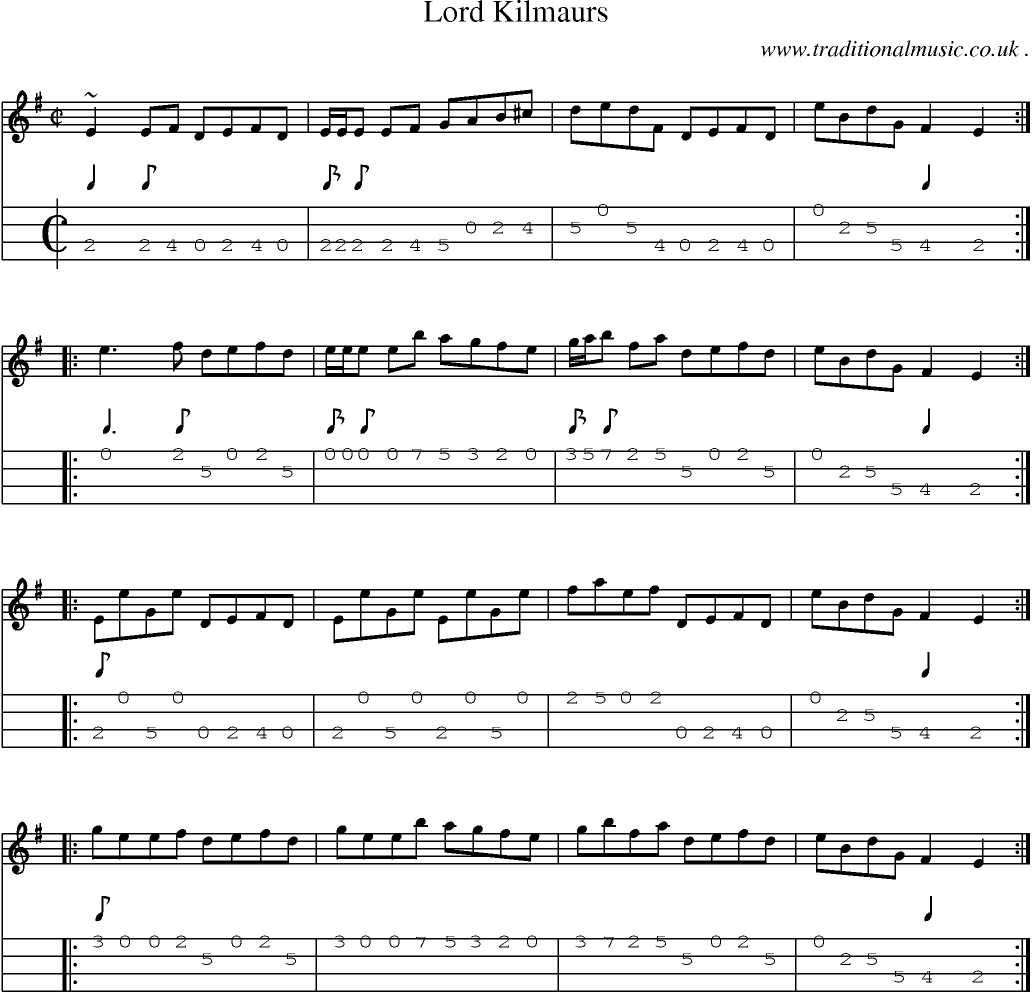 Sheet-music  score, Chords and Mandolin Tabs for Lord Kilmaurs
