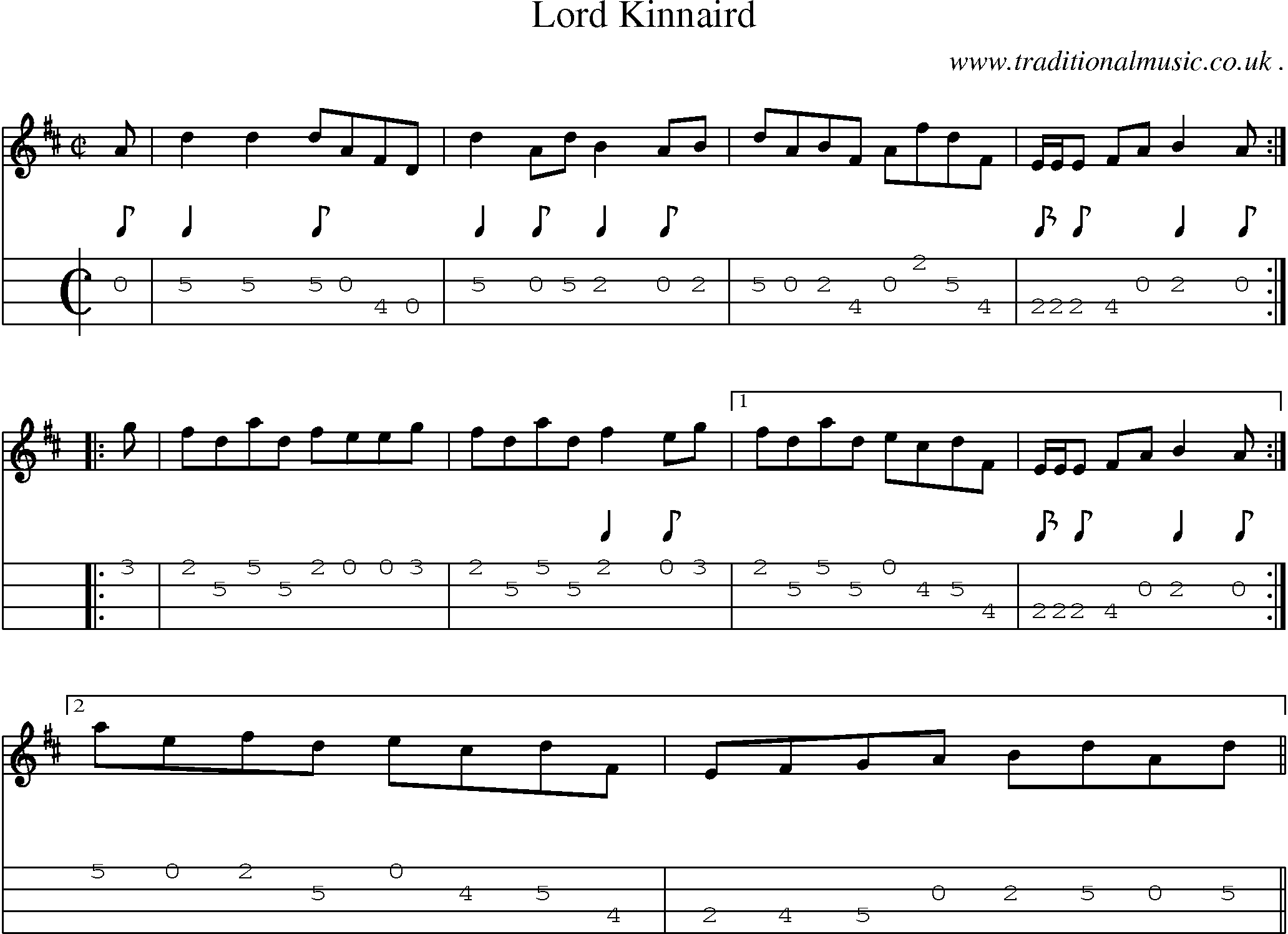 Sheet-music  score, Chords and Mandolin Tabs for Lord Kinnaird