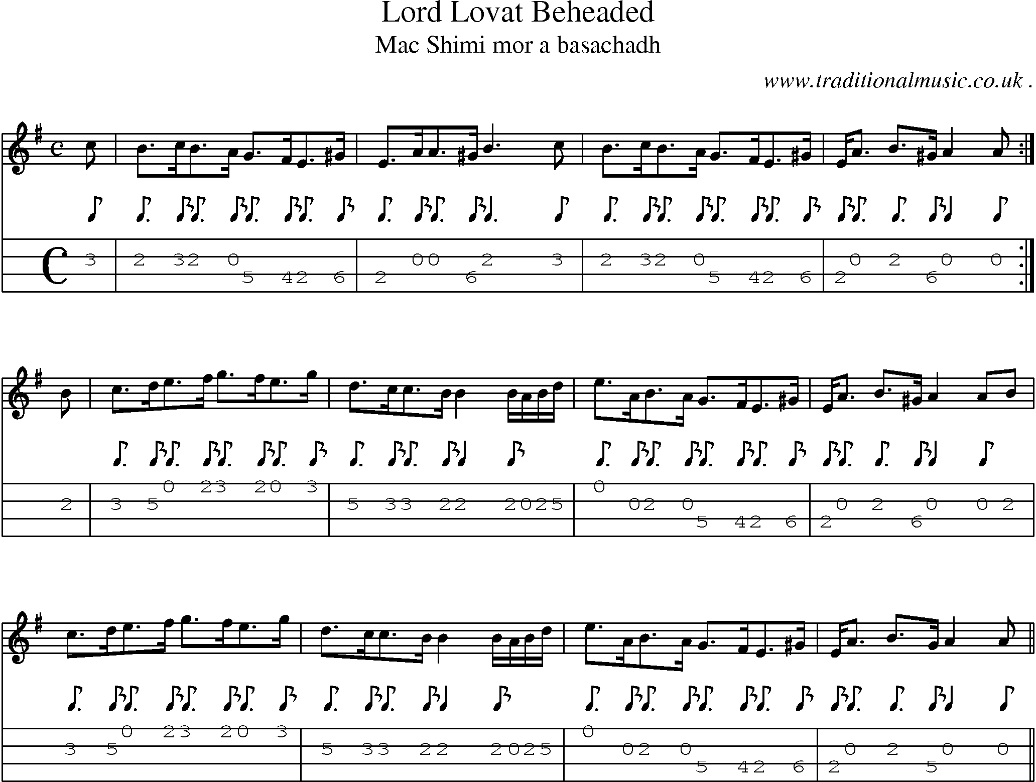 Sheet-music  score, Chords and Mandolin Tabs for Lord Lovat Beheaded