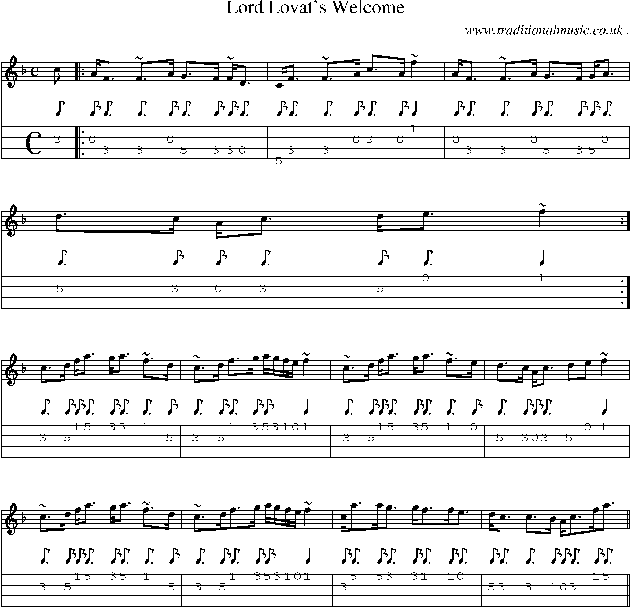 Sheet-music  score, Chords and Mandolin Tabs for Lord Lovats Welcome
