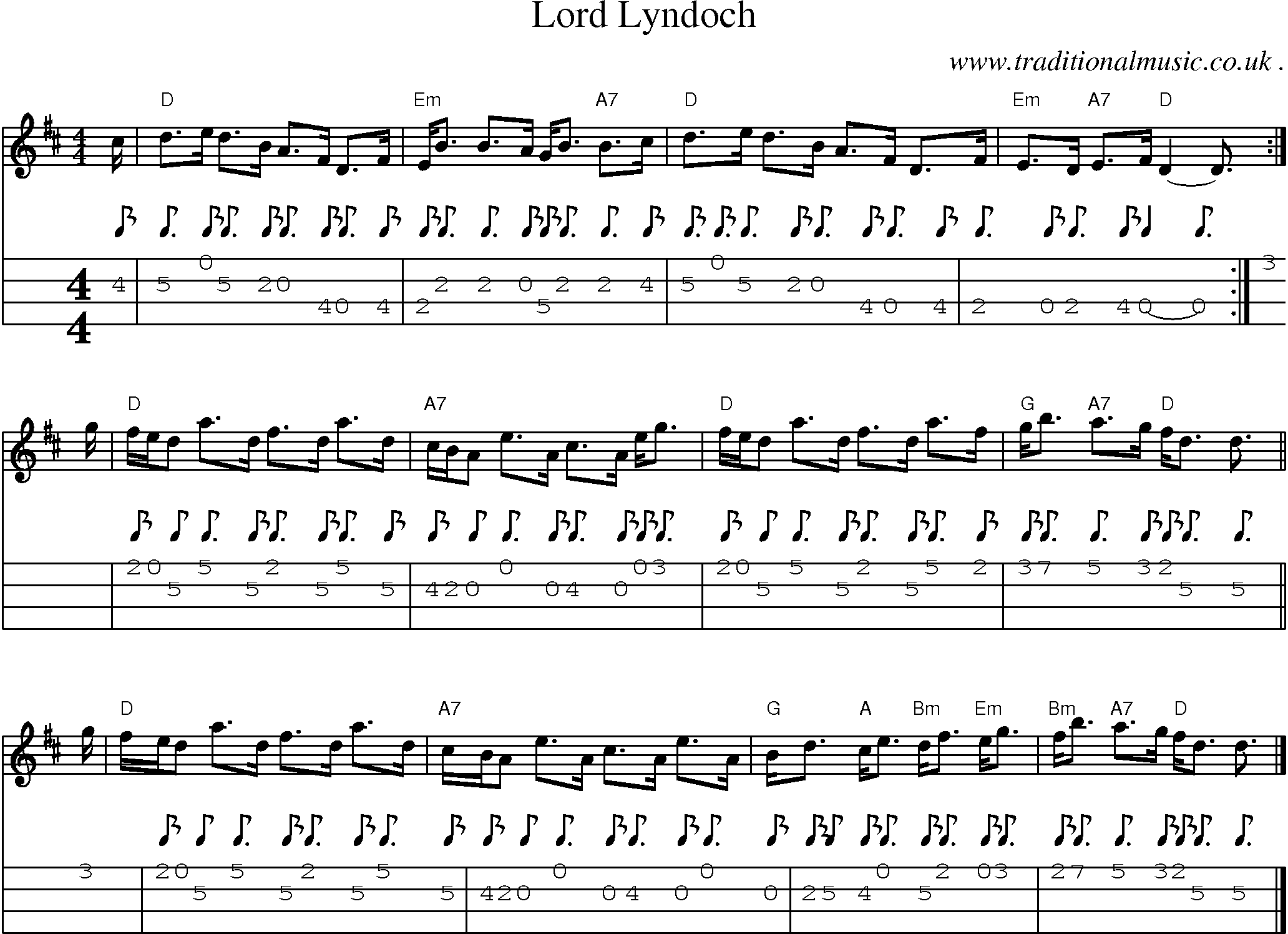 Sheet-music  score, Chords and Mandolin Tabs for Lord Lyndoch