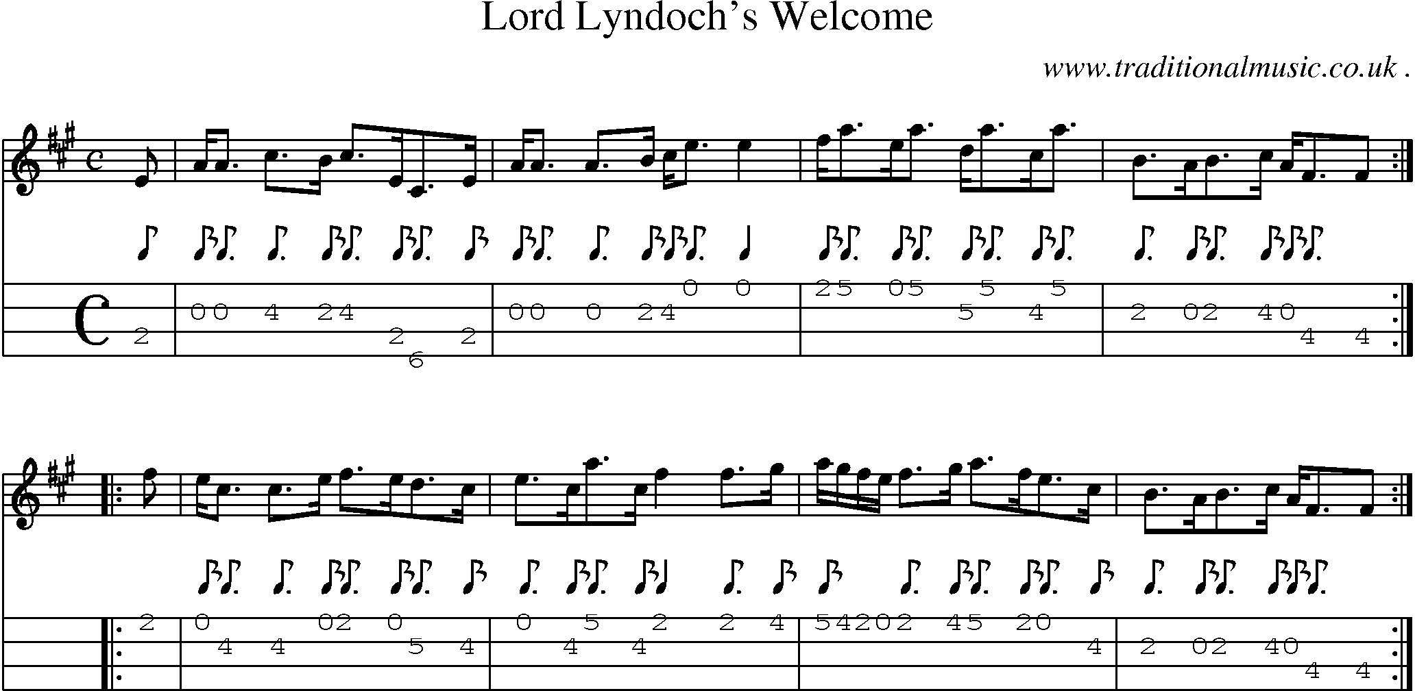 Sheet-music  score, Chords and Mandolin Tabs for Lord Lyndochs Welcome