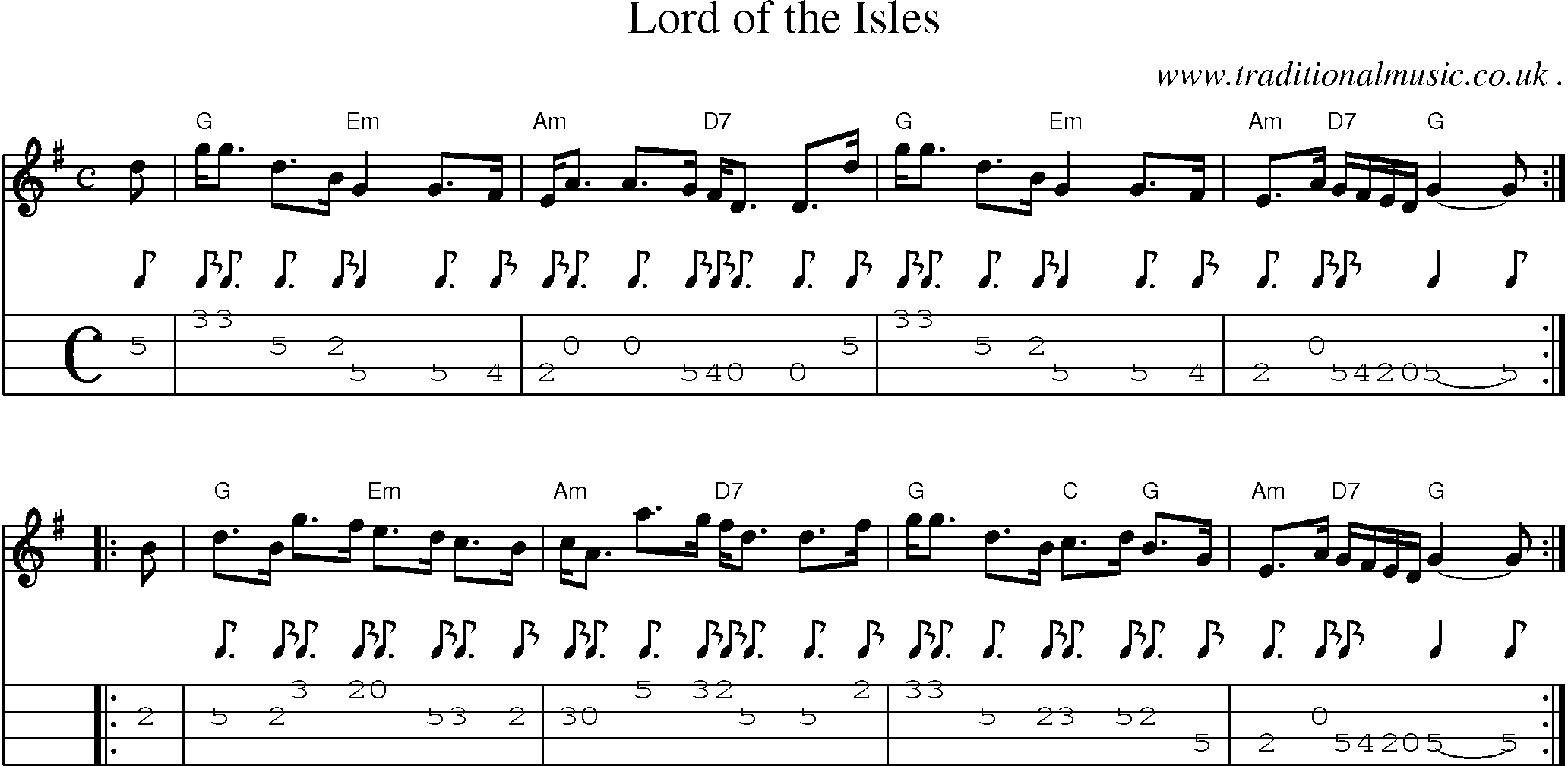 Sheet-music  score, Chords and Mandolin Tabs for Lord Of The Isles