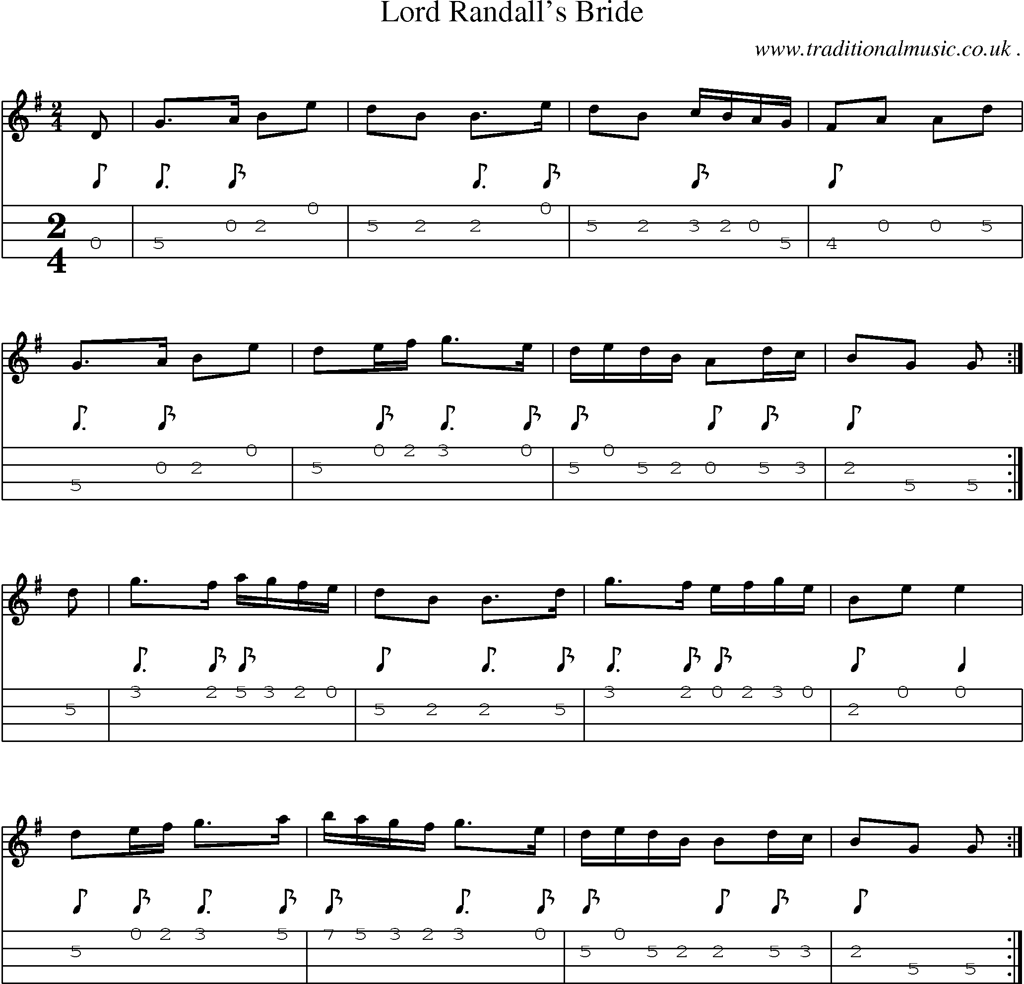 Sheet-music  score, Chords and Mandolin Tabs for Lord Randalls Bride