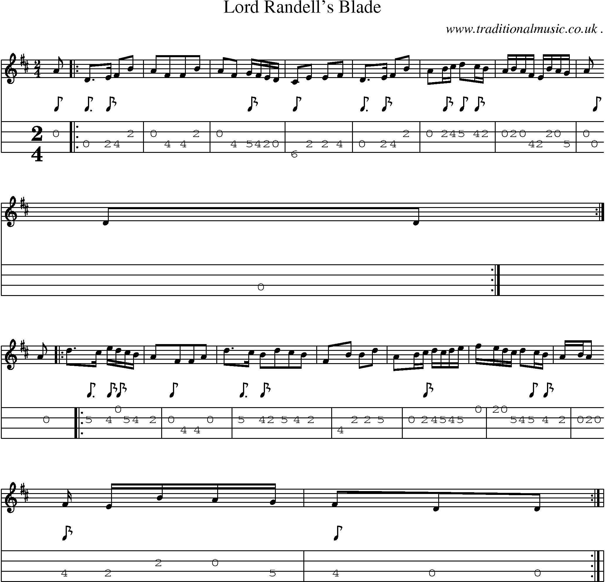 Sheet-music  score, Chords and Mandolin Tabs for Lord Randells Blade