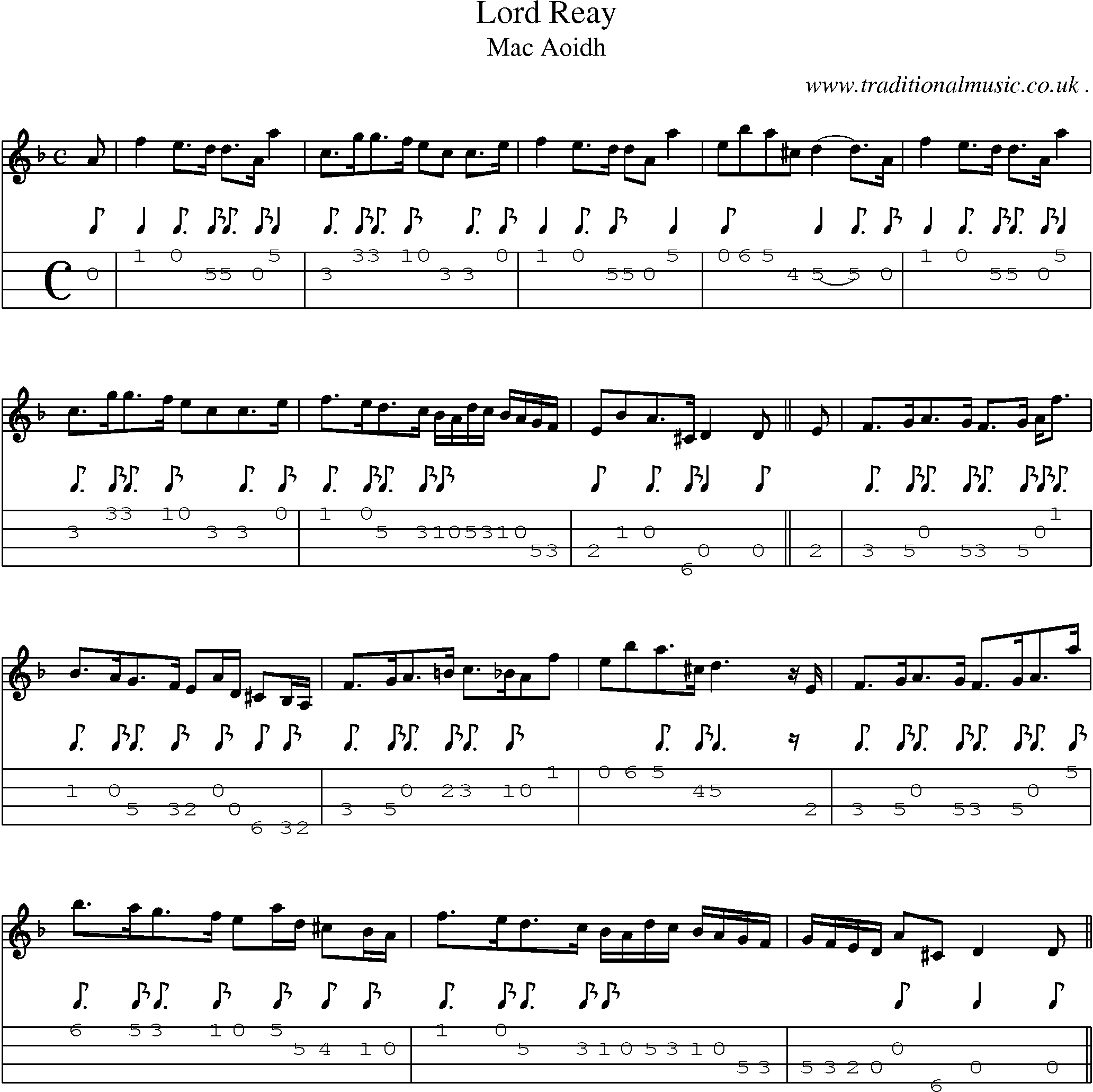 Sheet-music  score, Chords and Mandolin Tabs for Lord Reay