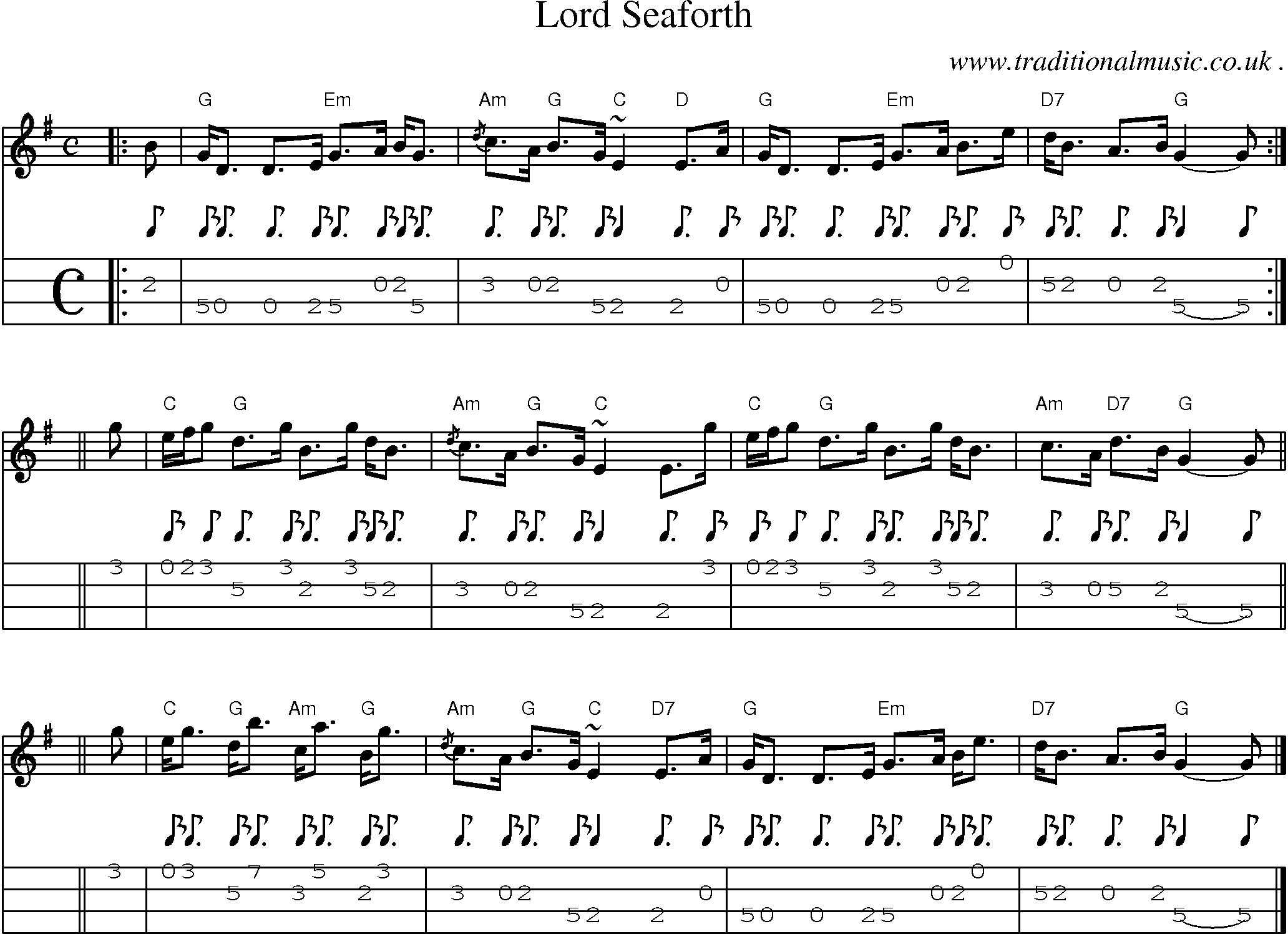 Sheet-music  score, Chords and Mandolin Tabs for Lord Seaforth