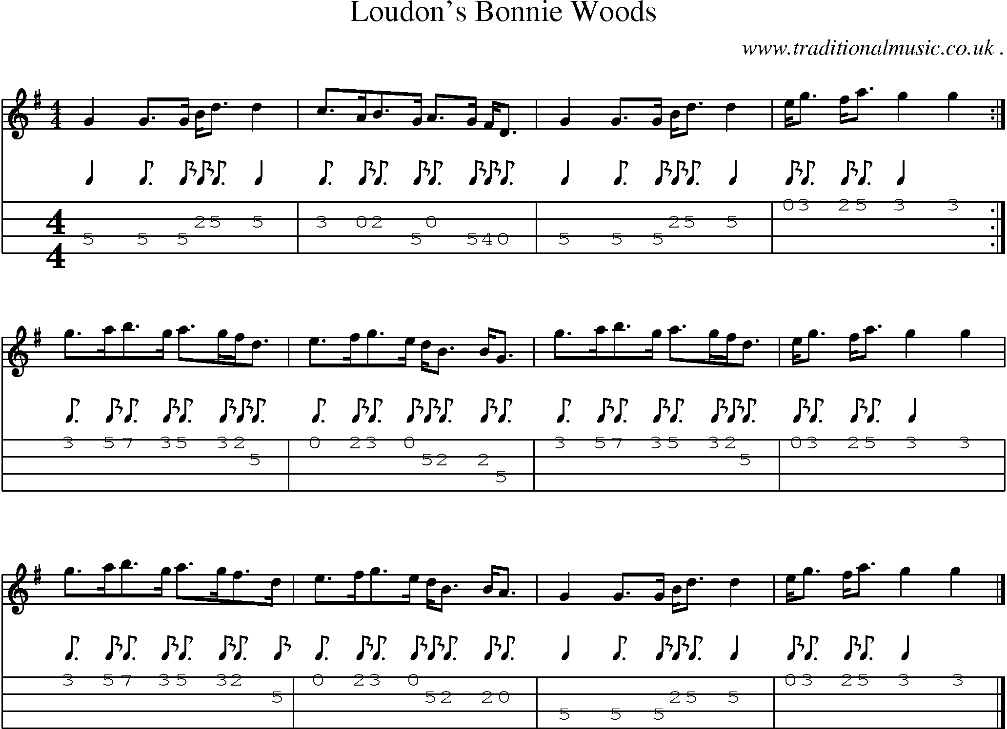 Sheet-music  score, Chords and Mandolin Tabs for Loudons Bonnie Woods