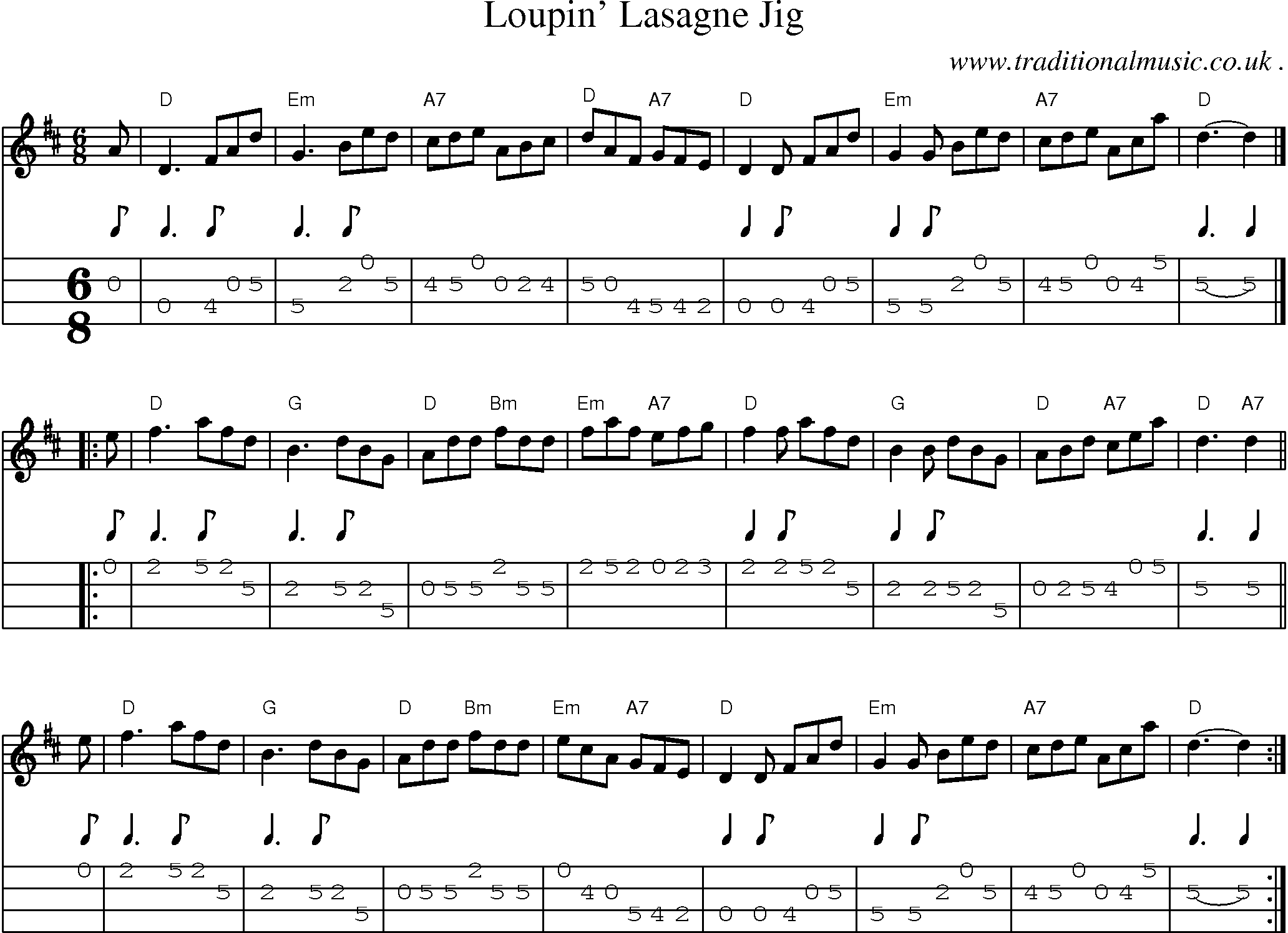 Sheet-music  score, Chords and Mandolin Tabs for Loupin Lasagne Jig