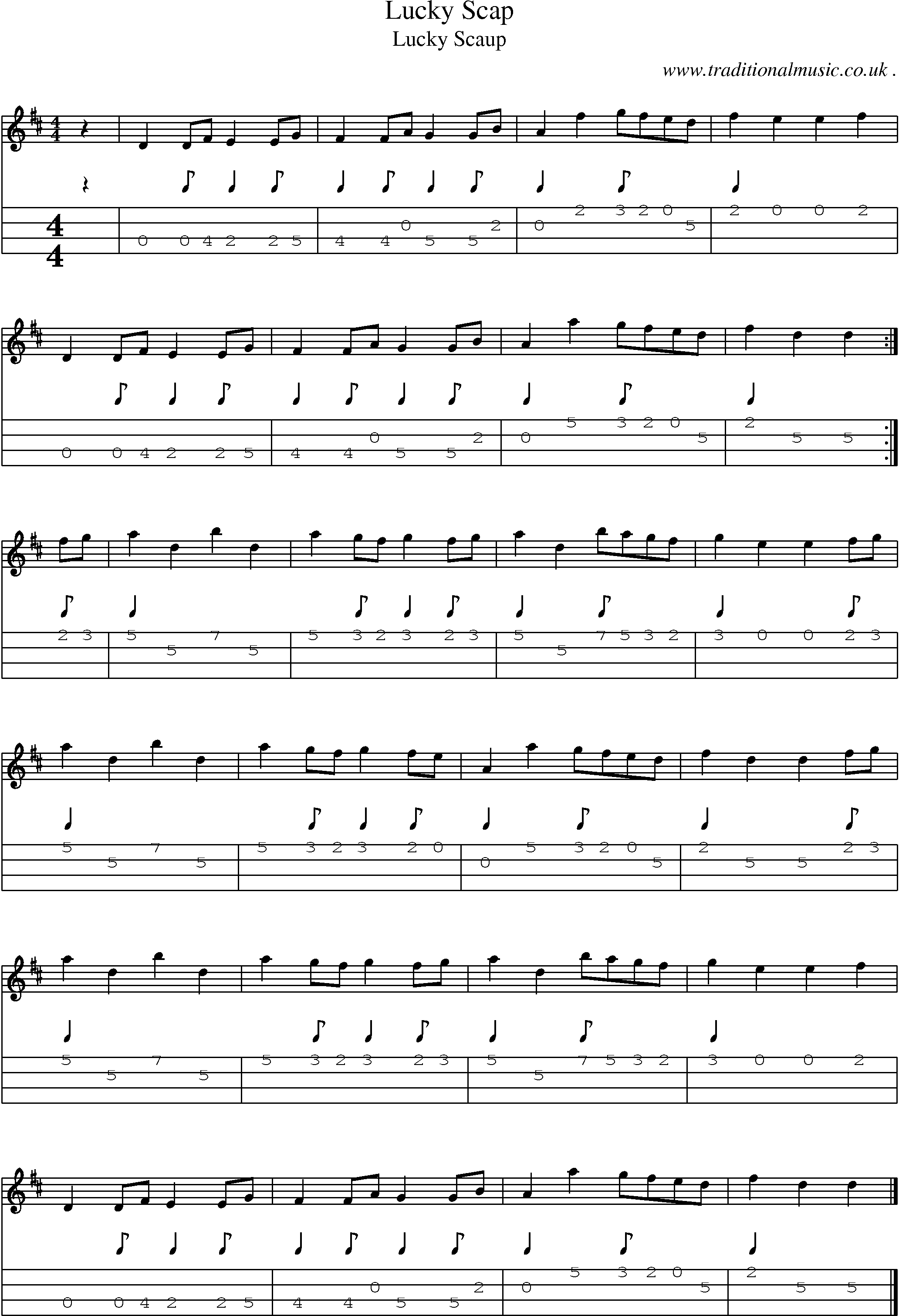 Sheet-music  score, Chords and Mandolin Tabs for Lucky Scap