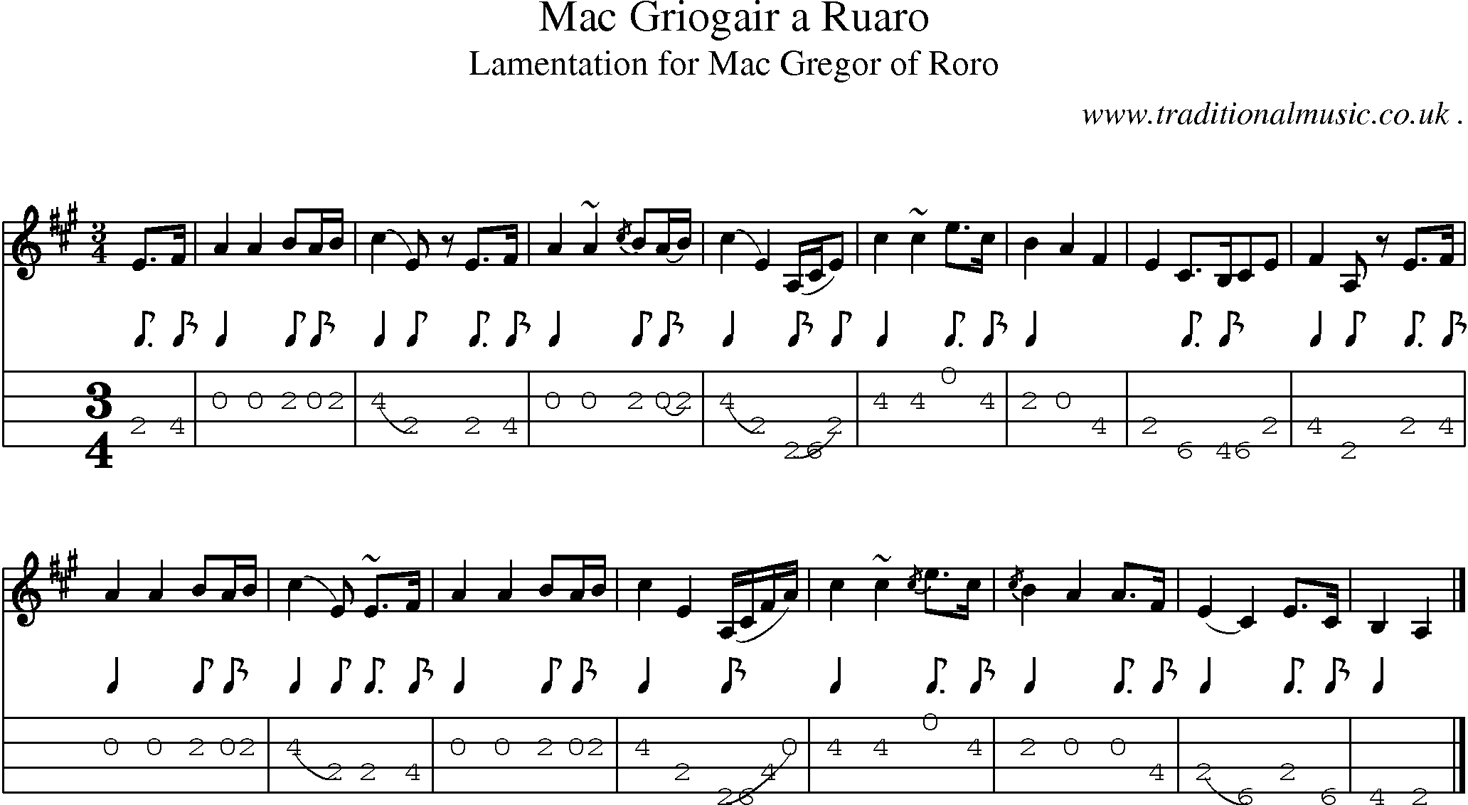 Sheet-music  score, Chords and Mandolin Tabs for Mac Griogair A Ruaro