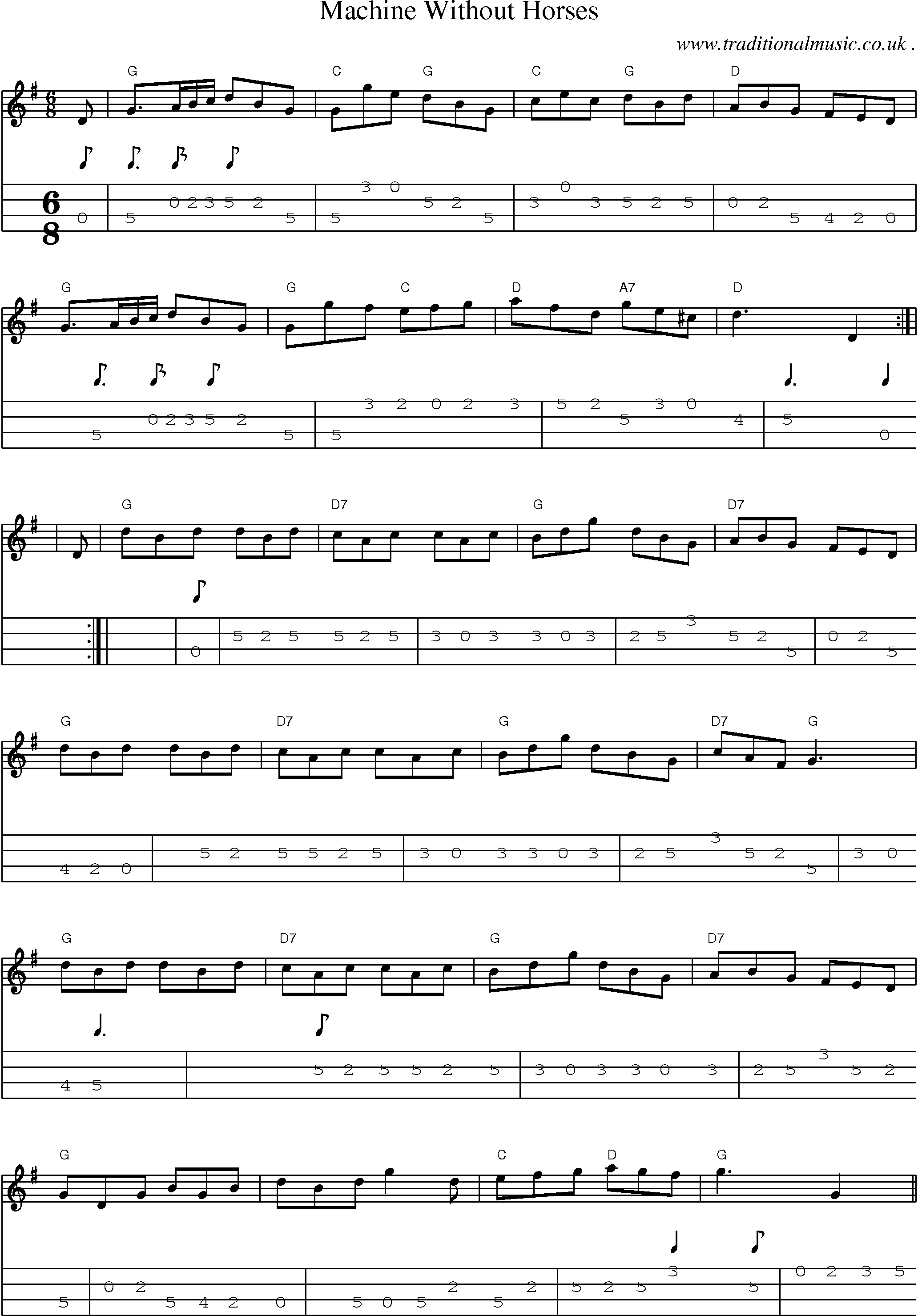 Sheet-music  score, Chords and Mandolin Tabs for Machine Without Horses