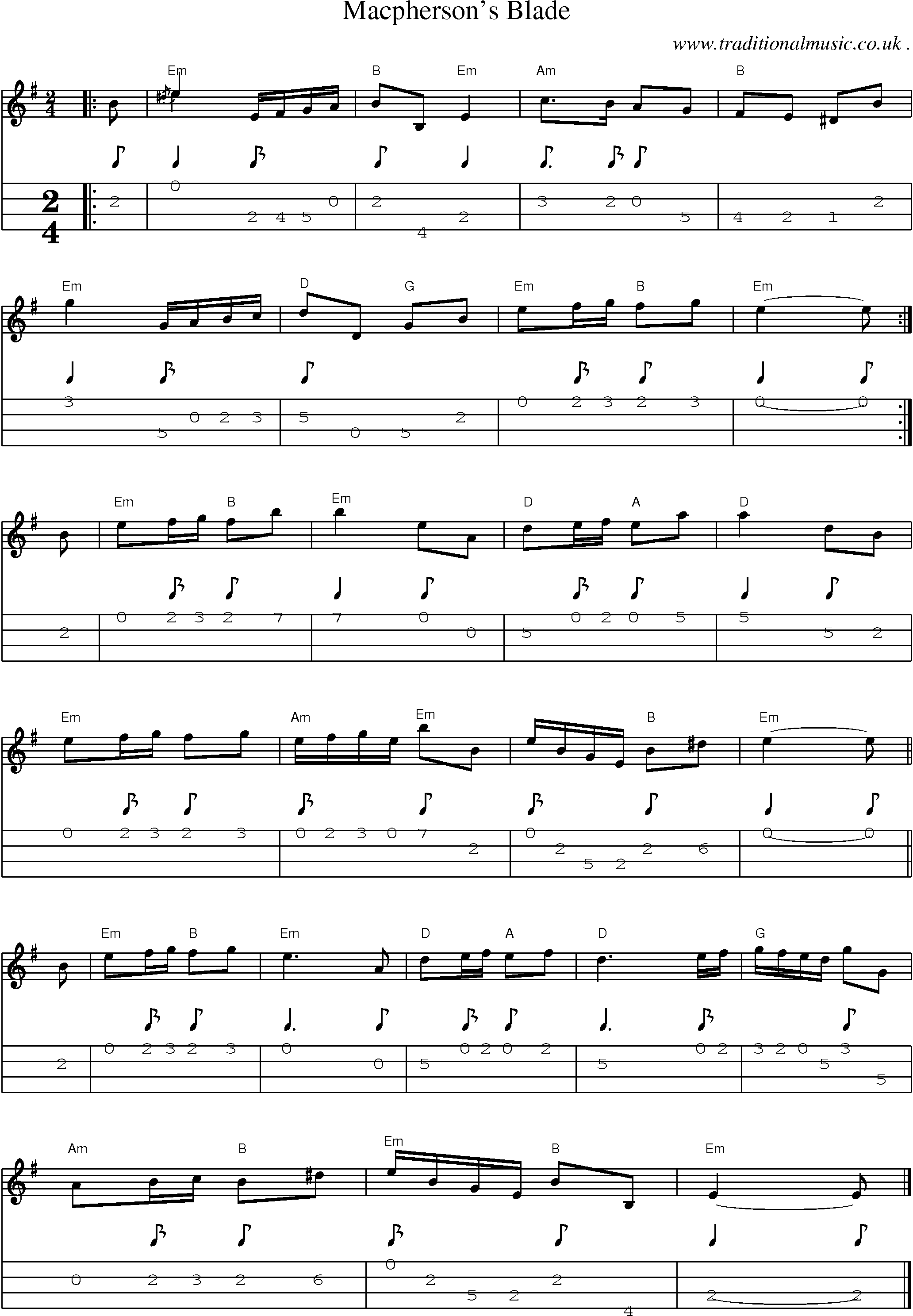 Sheet-music  score, Chords and Mandolin Tabs for Macphersons Blade