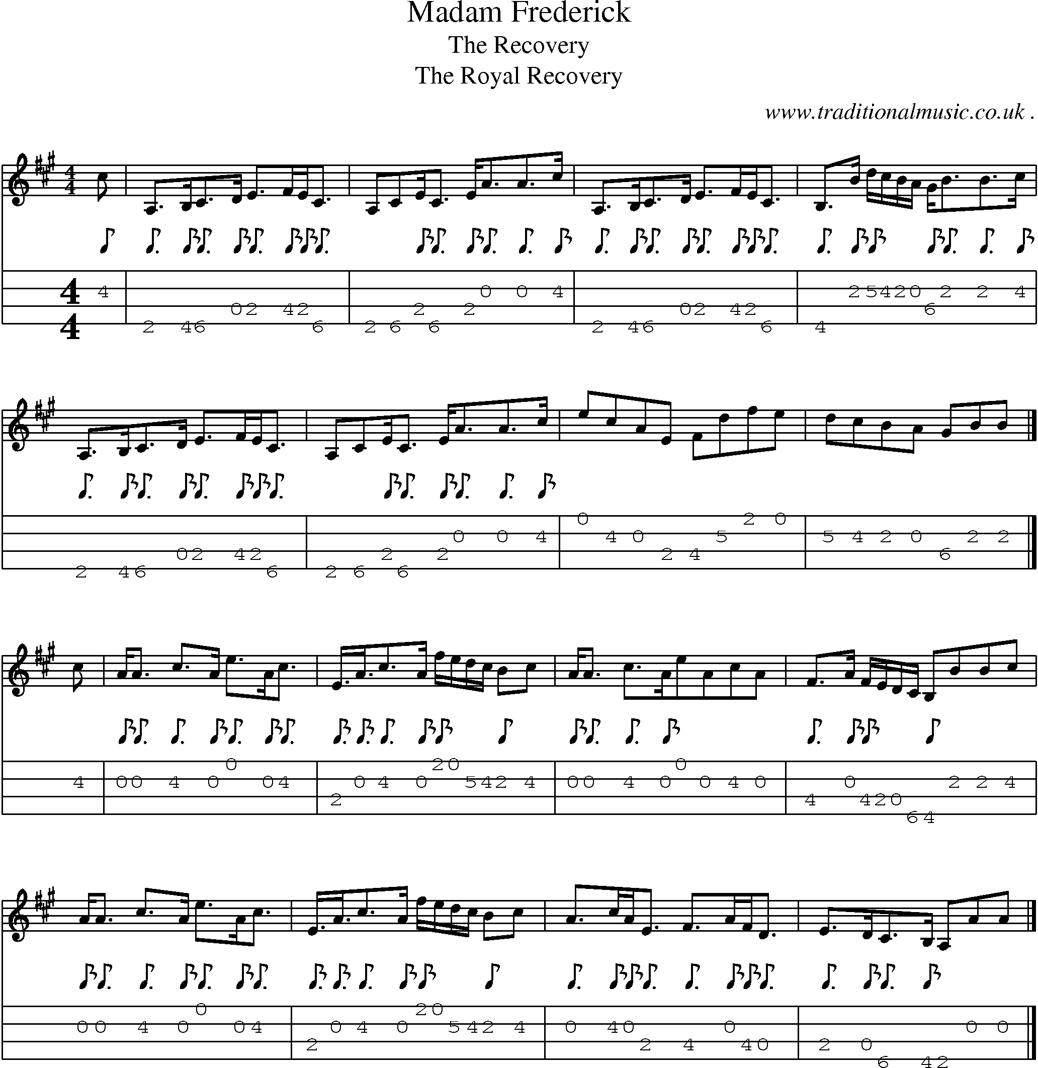 Sheet-music  score, Chords and Mandolin Tabs for Madam Frederick