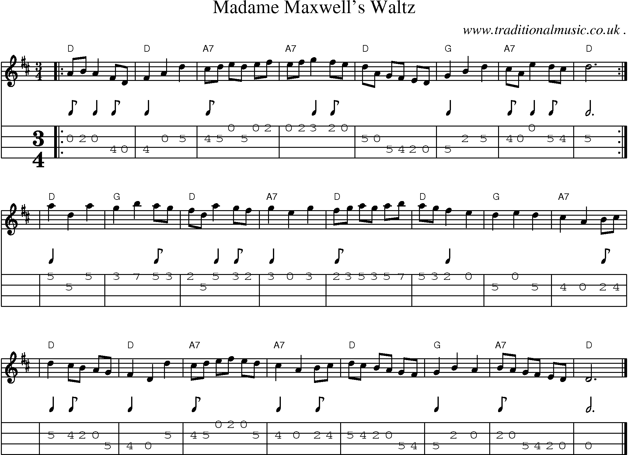 Sheet-music  score, Chords and Mandolin Tabs for Madame Maxwells Waltz