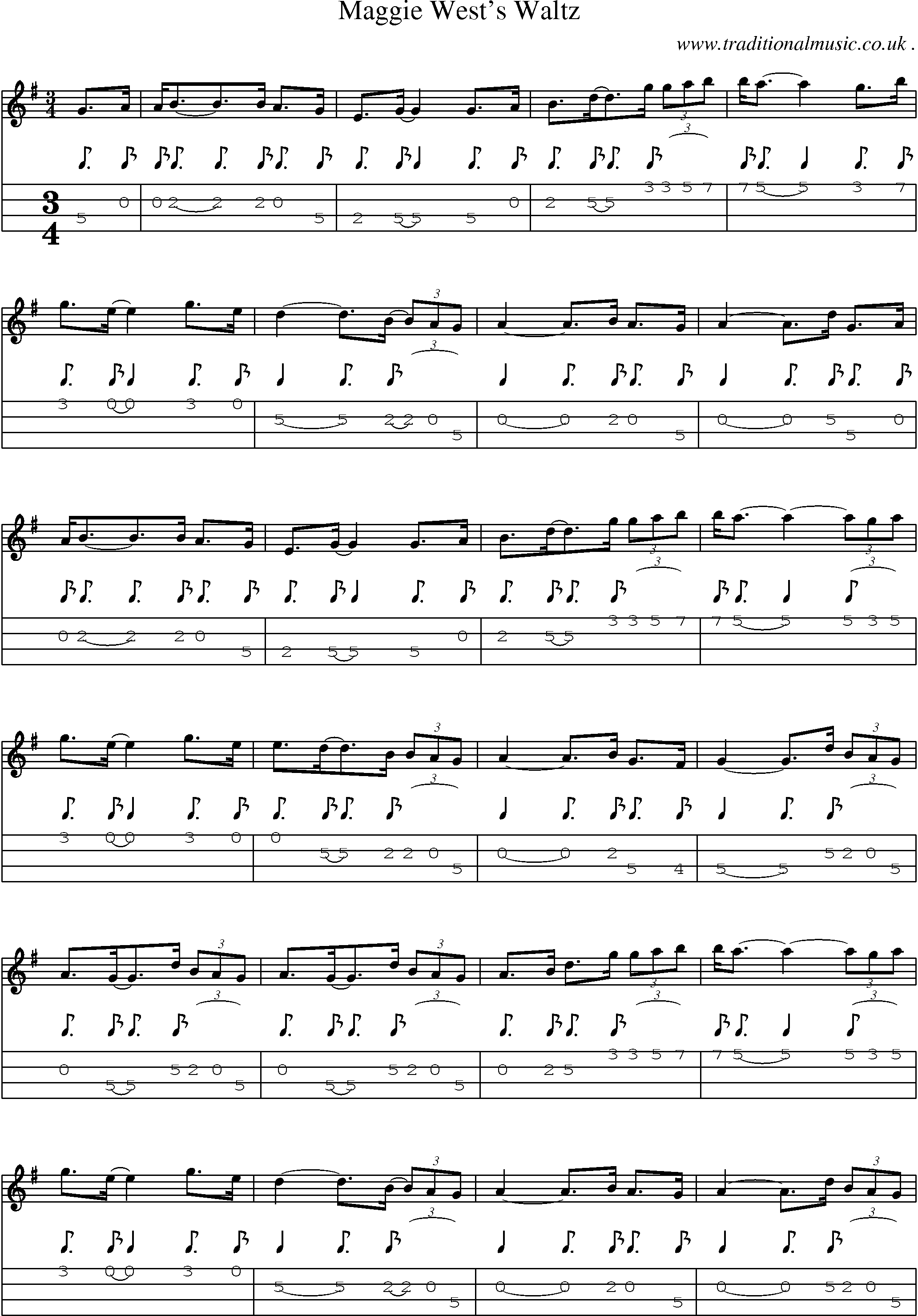 Sheet-music  score, Chords and Mandolin Tabs for Maggie Wests Waltz