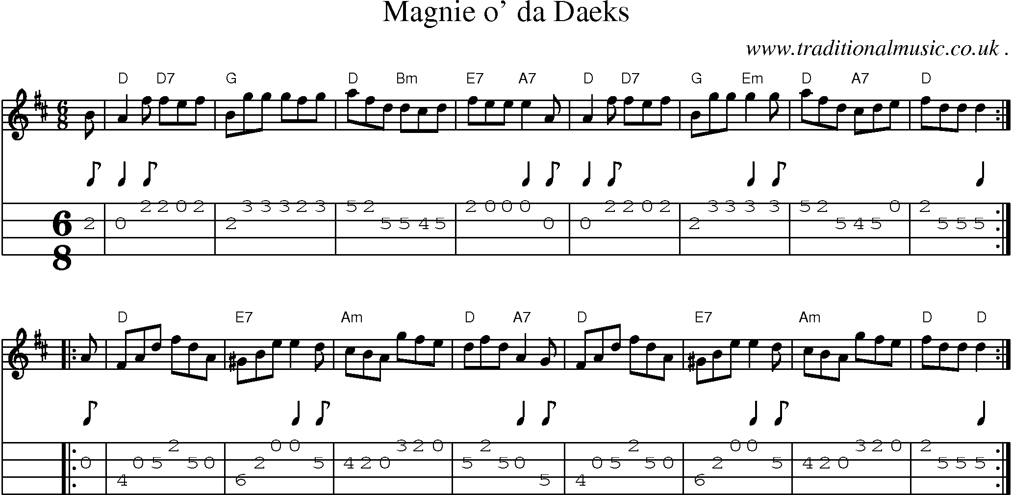Sheet-music  score, Chords and Mandolin Tabs for Magnie O Da Daeks