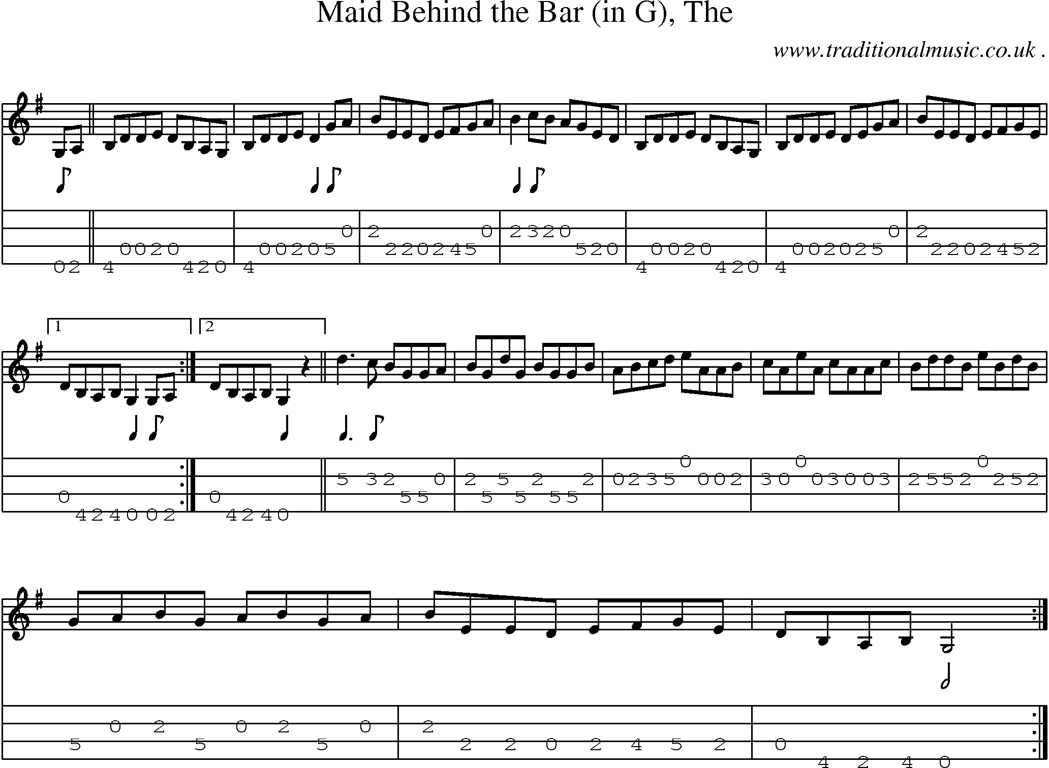 Sheet-music  score, Chords and Mandolin Tabs for Maid Behind The Bar In G The