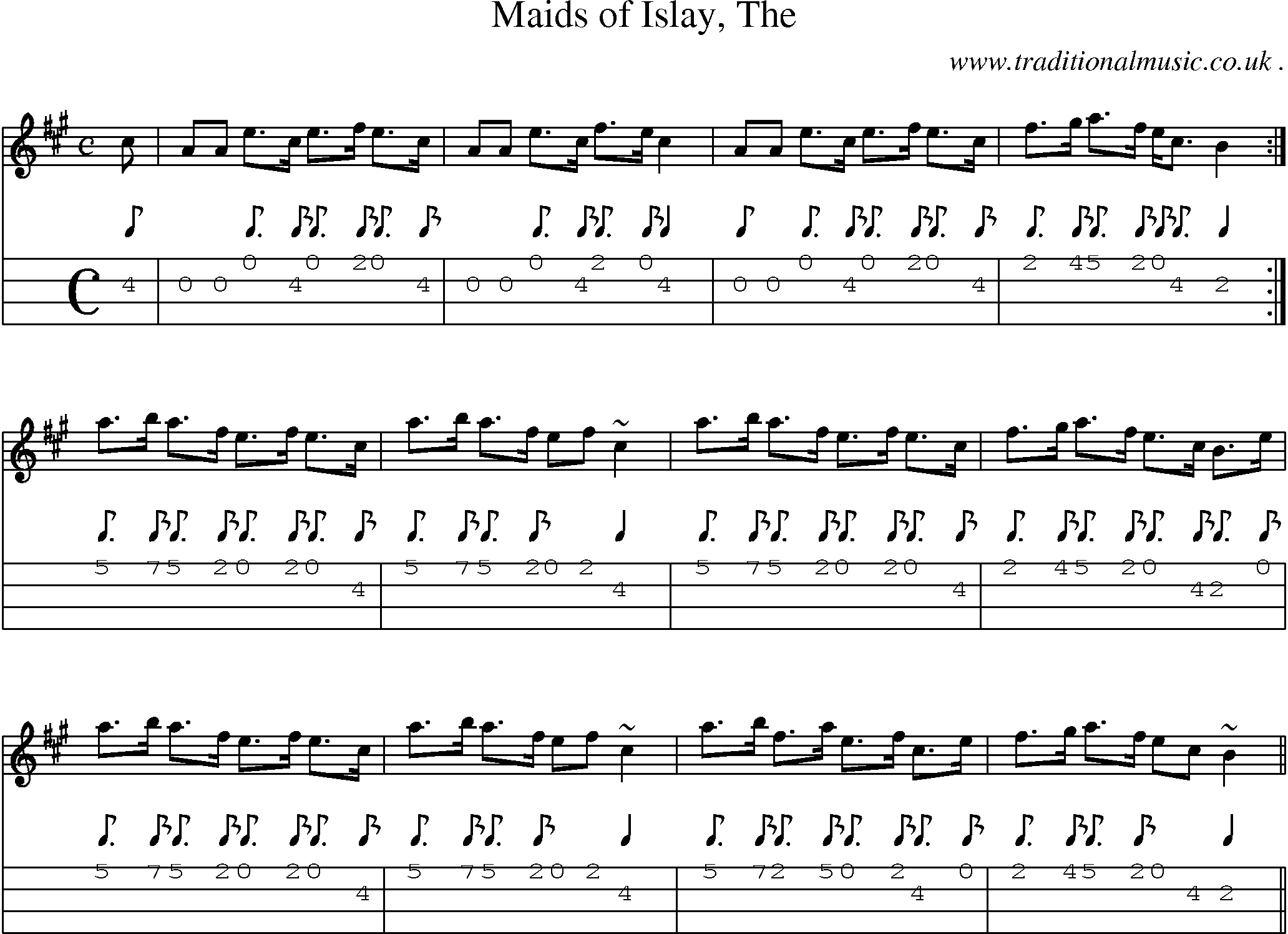 Sheet-music  score, Chords and Mandolin Tabs for Maids Of Islay The