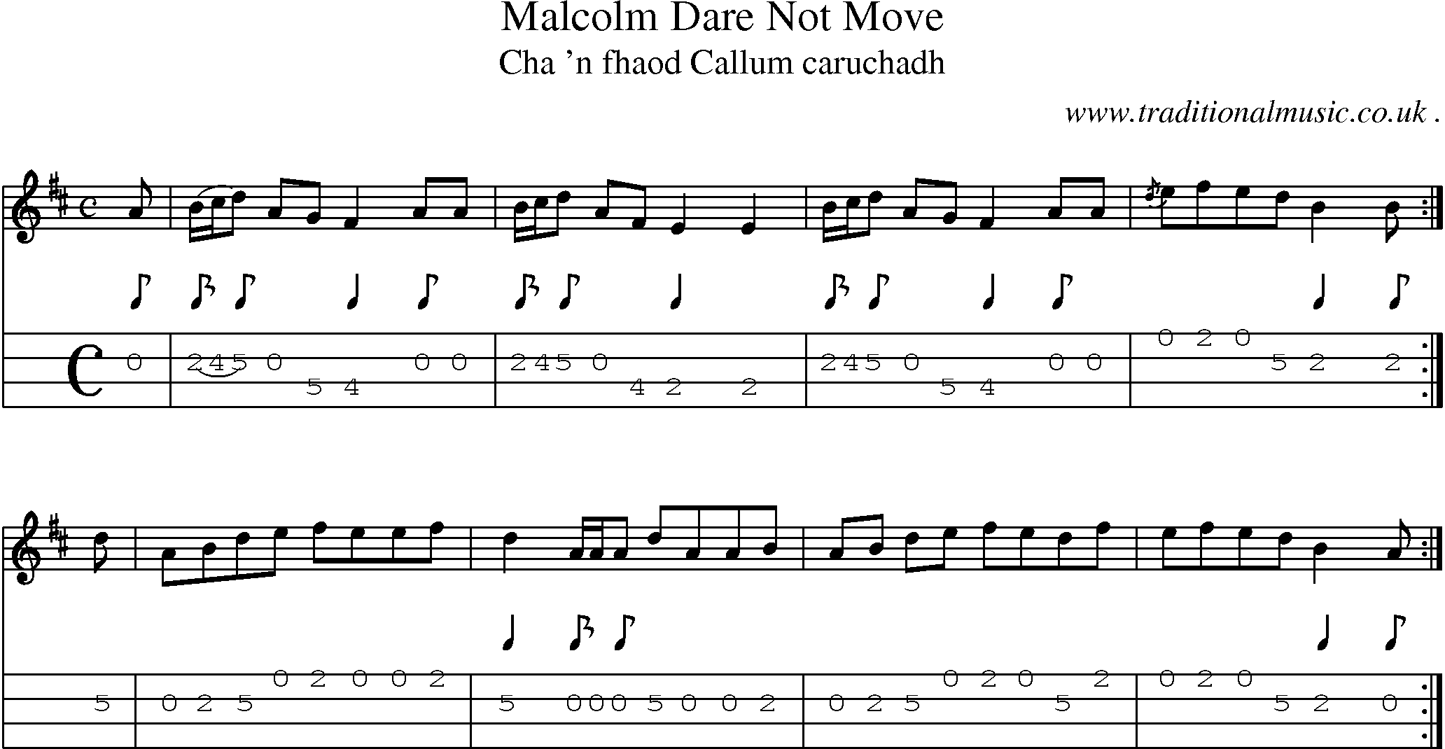 Sheet-music  score, Chords and Mandolin Tabs for Malcolm Dare Not Move