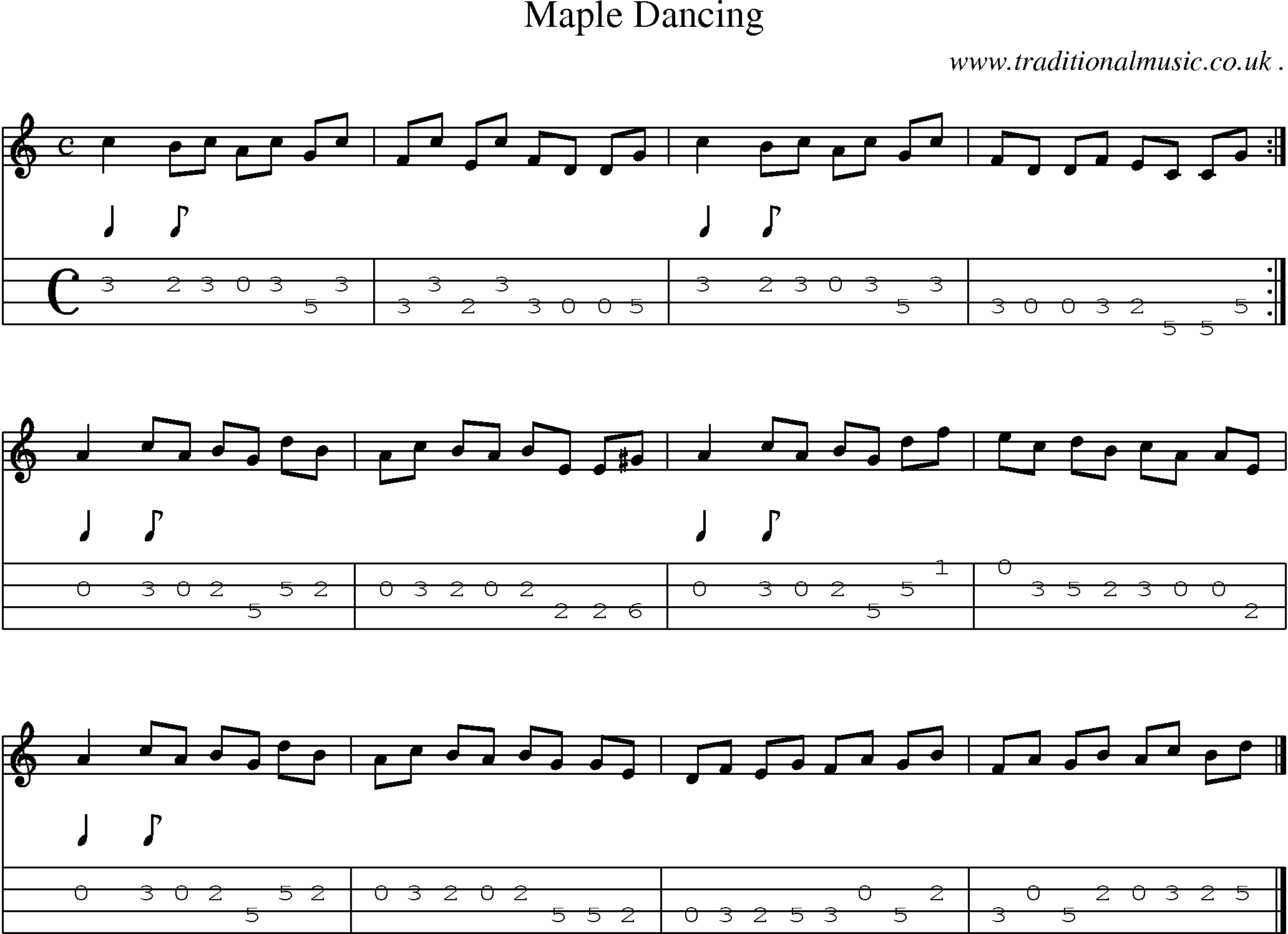Sheet-music  score, Chords and Mandolin Tabs for Maple Dancing