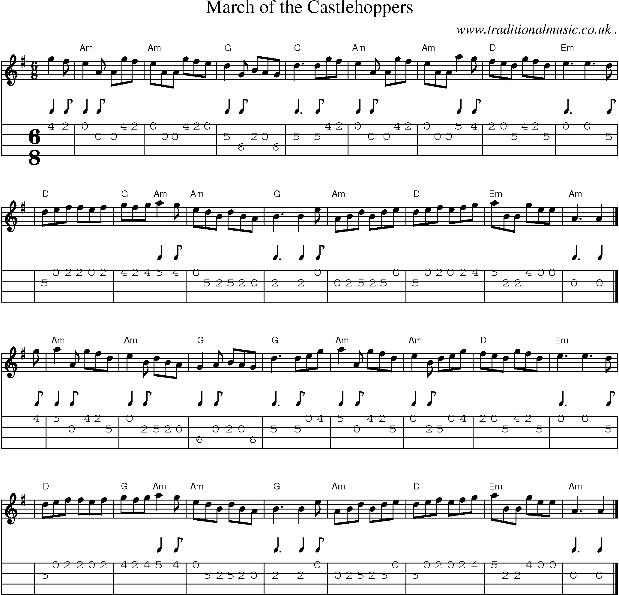 Sheet-music  score, Chords and Mandolin Tabs for March Of The Castlehoppers