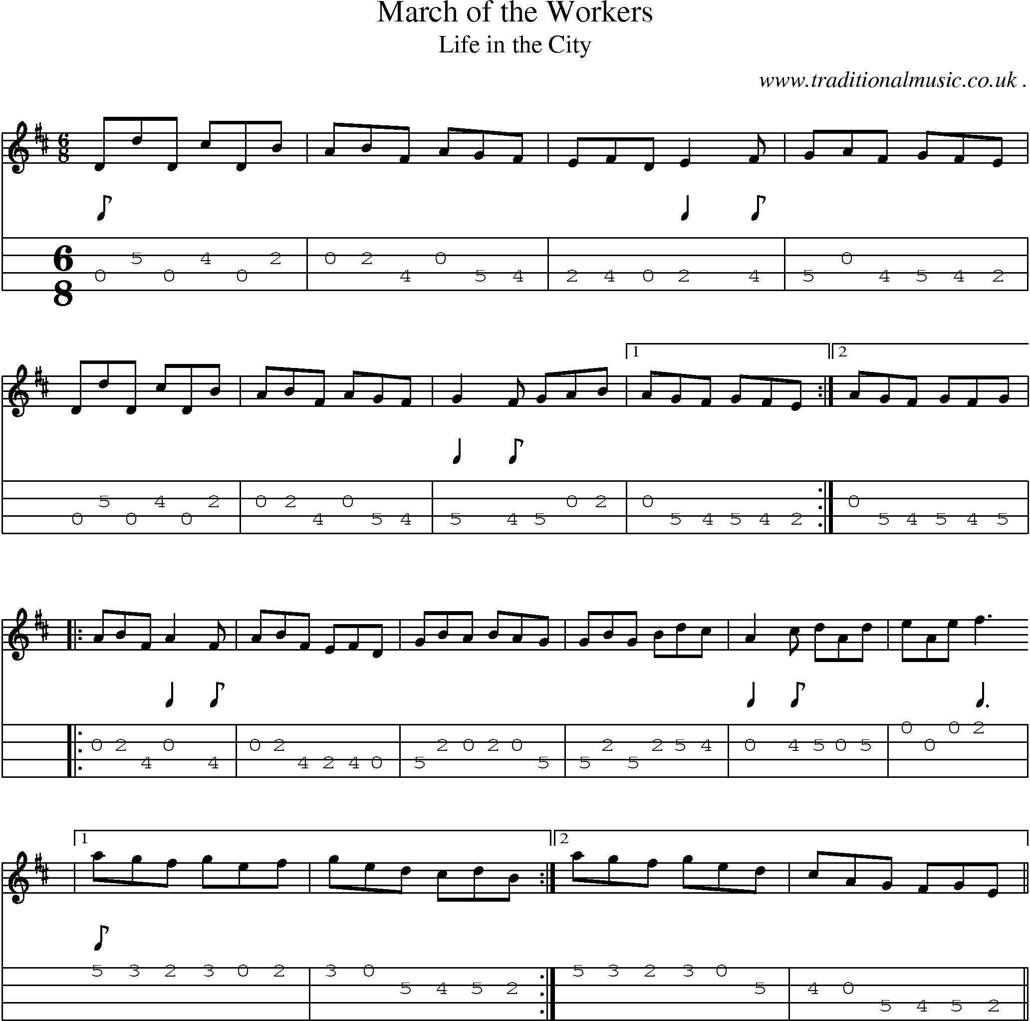Sheet-music  score, Chords and Mandolin Tabs for March Of The Workers