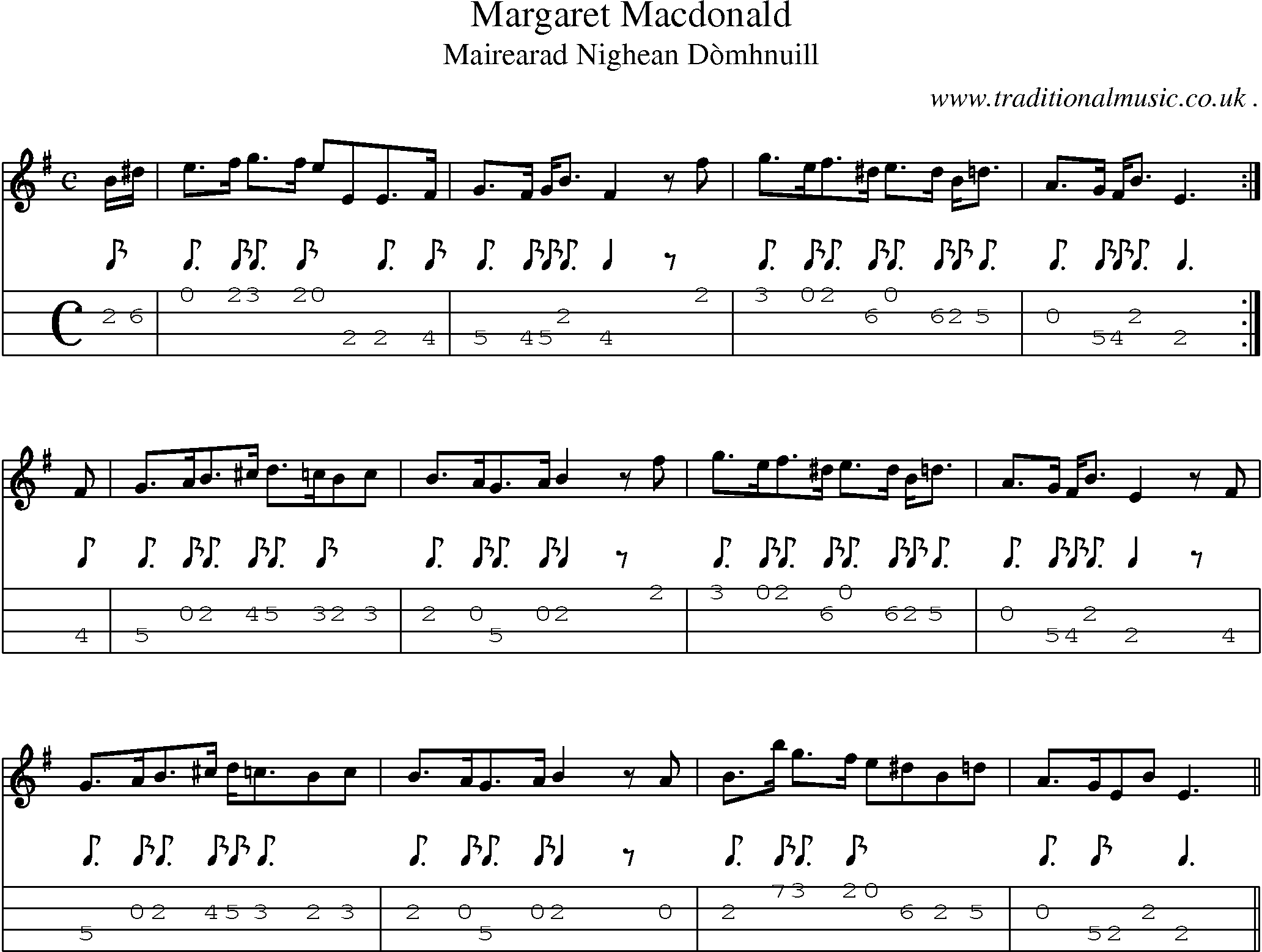 Sheet-music  score, Chords and Mandolin Tabs for Margaret Macdonald