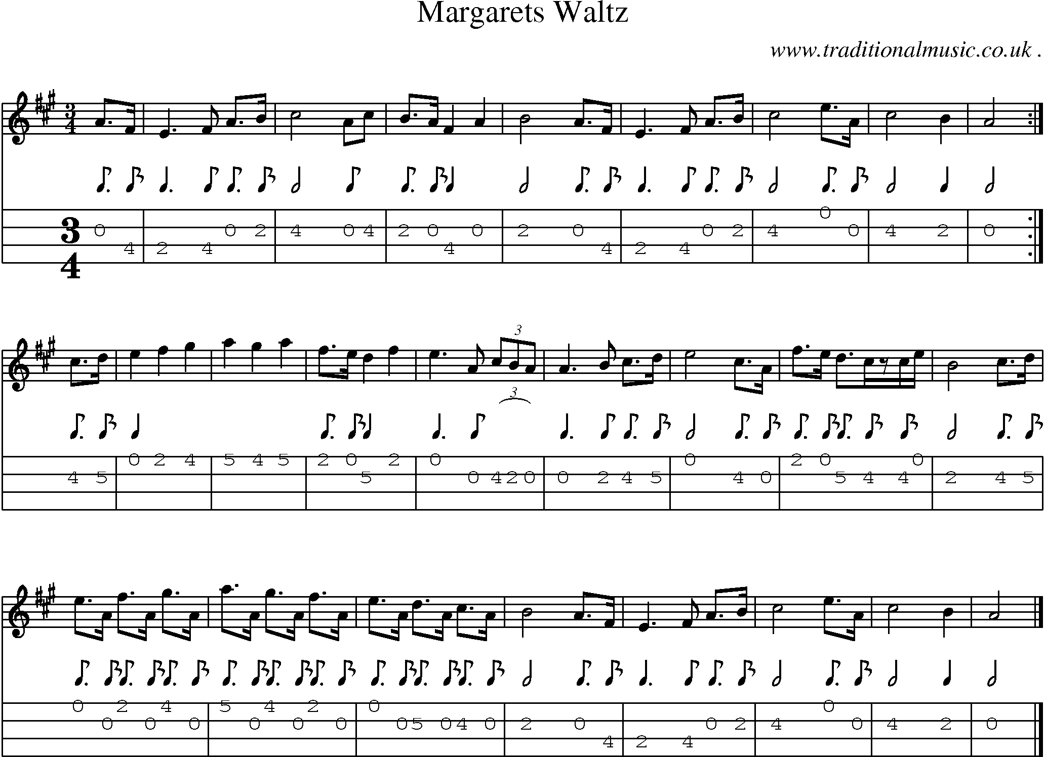Sheet-music  score, Chords and Mandolin Tabs for Margarets Waltz