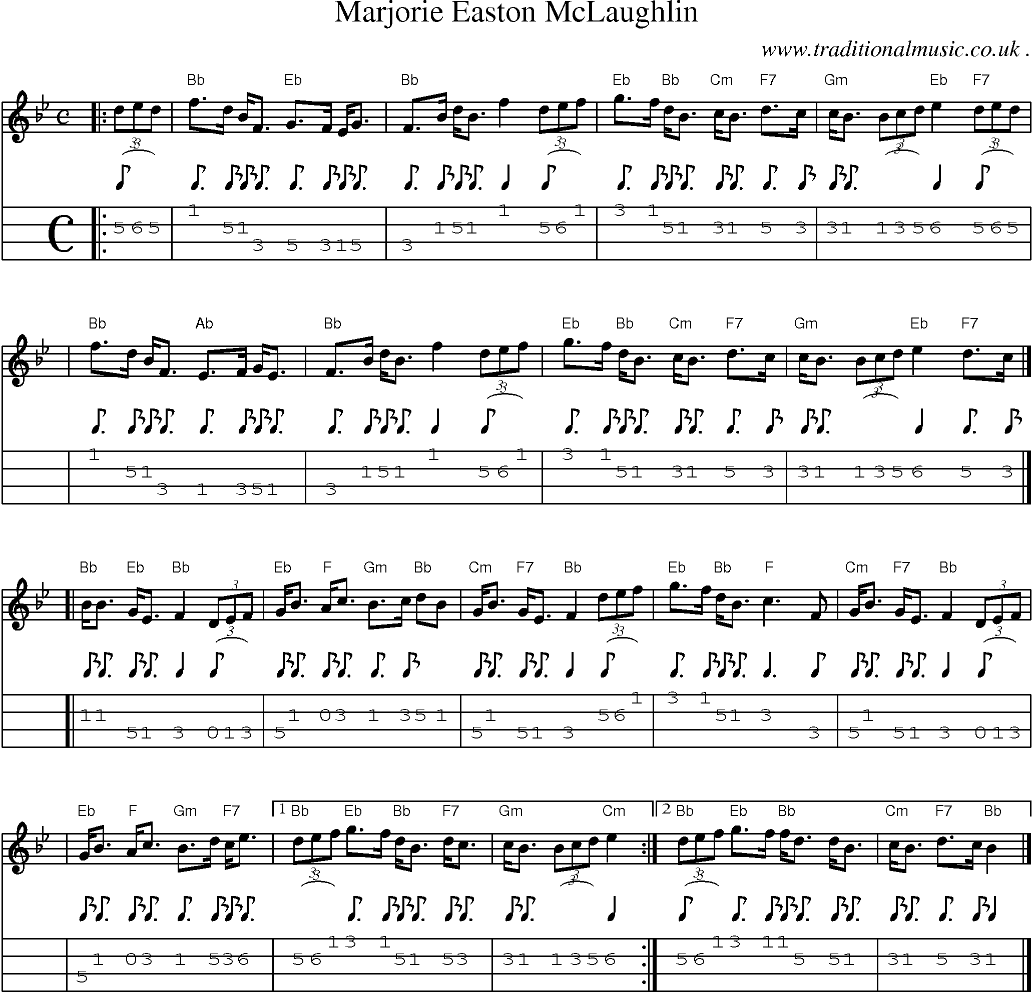 Sheet-music  score, Chords and Mandolin Tabs for Marjorie Easton Mclaughlin