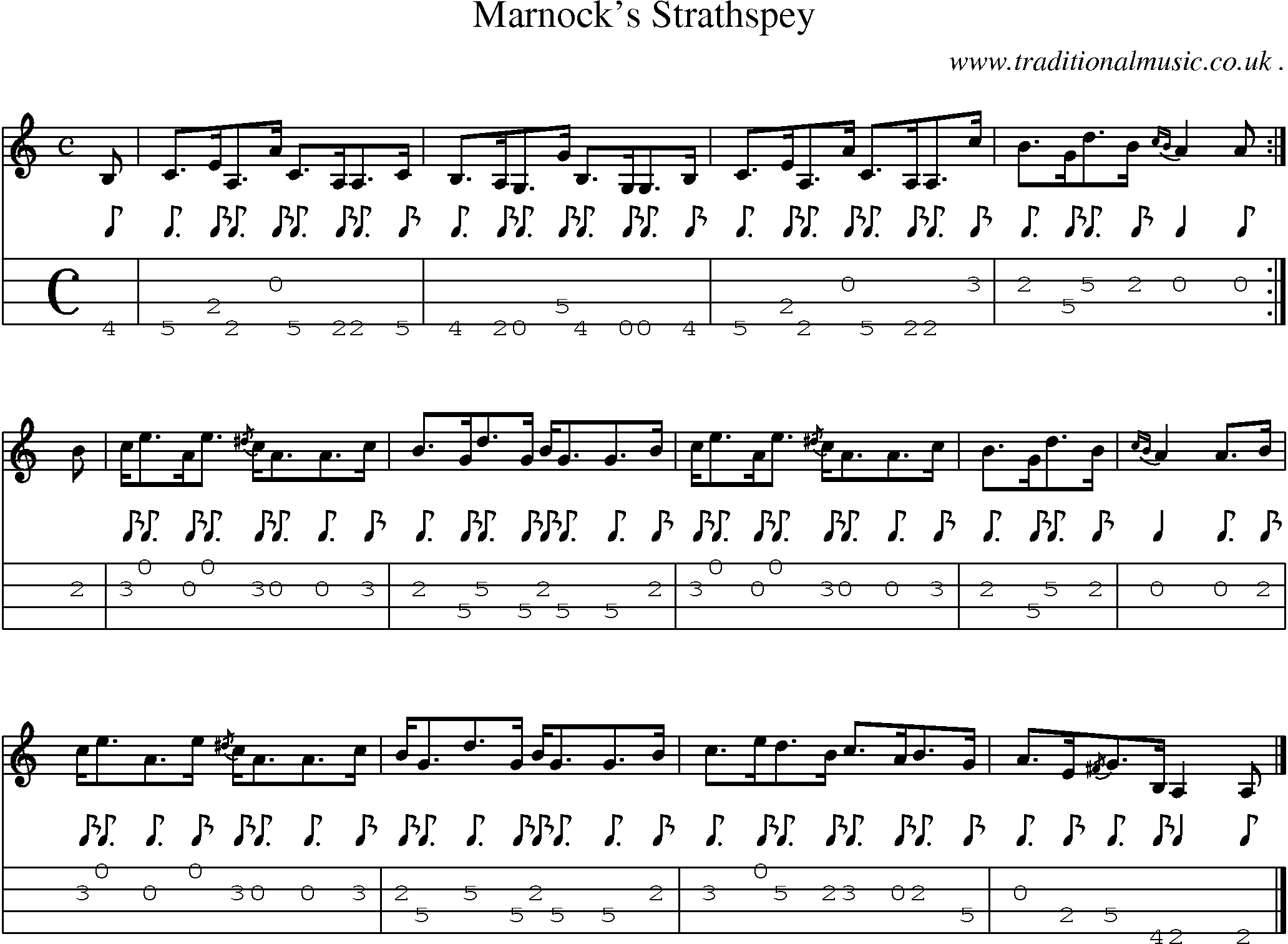 Sheet-music  score, Chords and Mandolin Tabs for Marnocks Strathspey