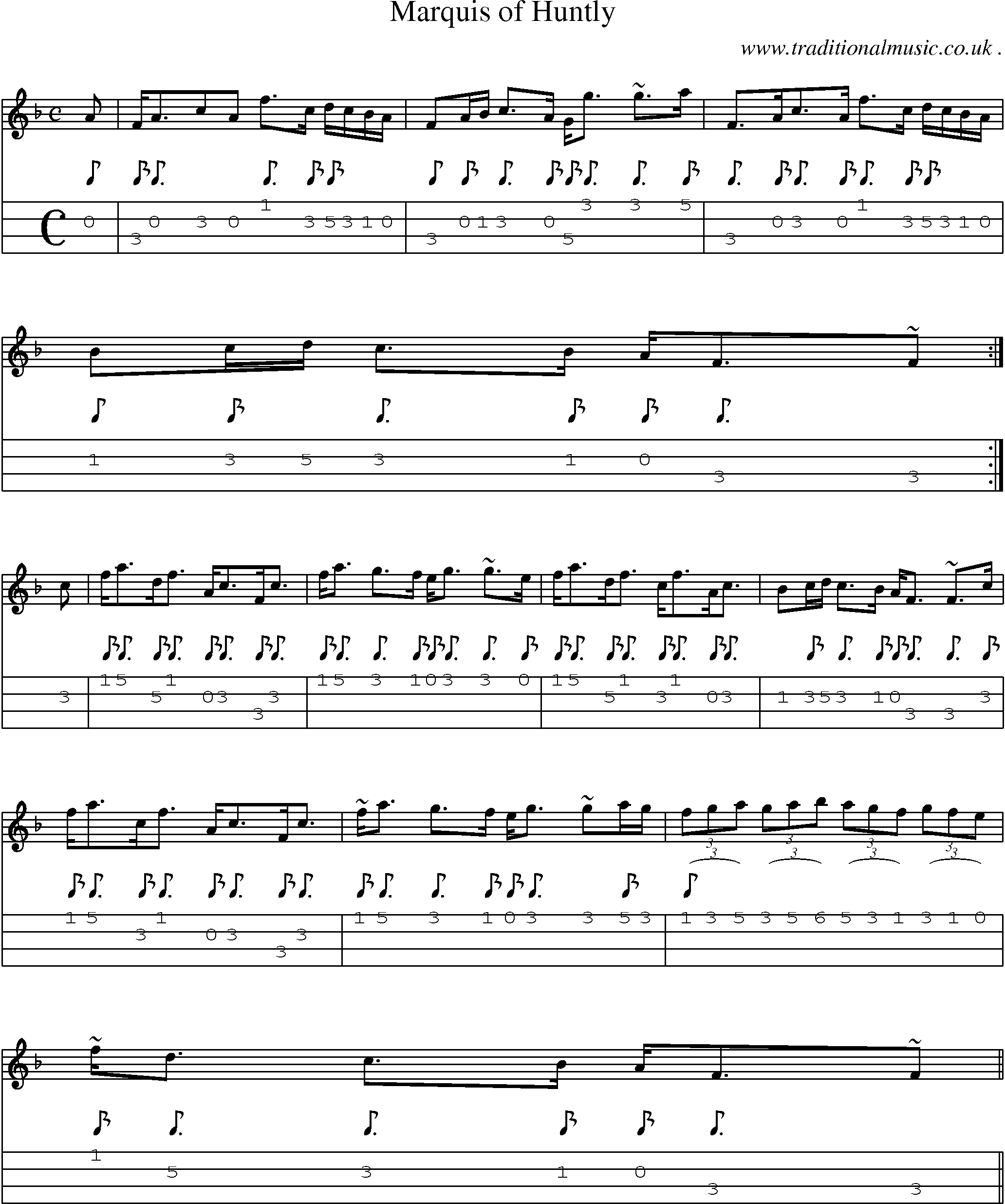 Sheet-music  score, Chords and Mandolin Tabs for Marquis Of Huntly