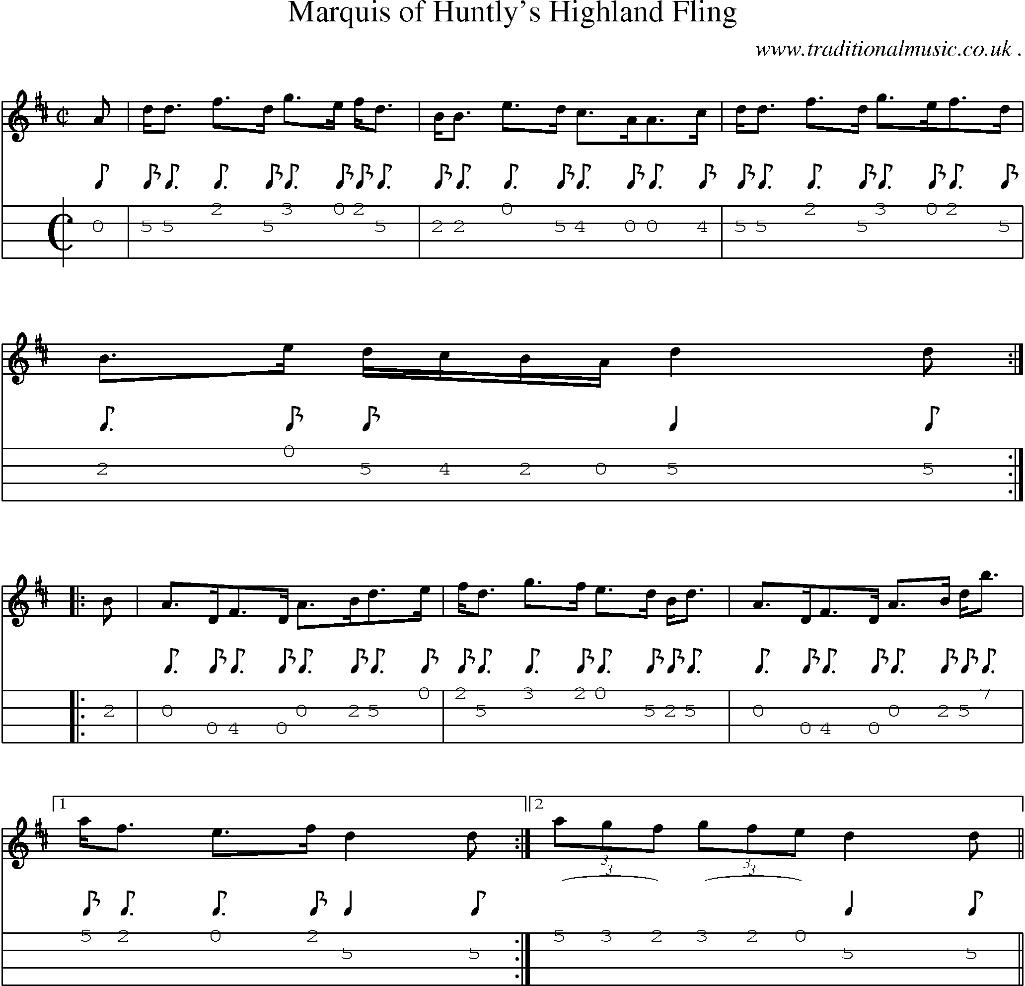 Sheet-music  score, Chords and Mandolin Tabs for Marquis Of Huntlys Highland Fling