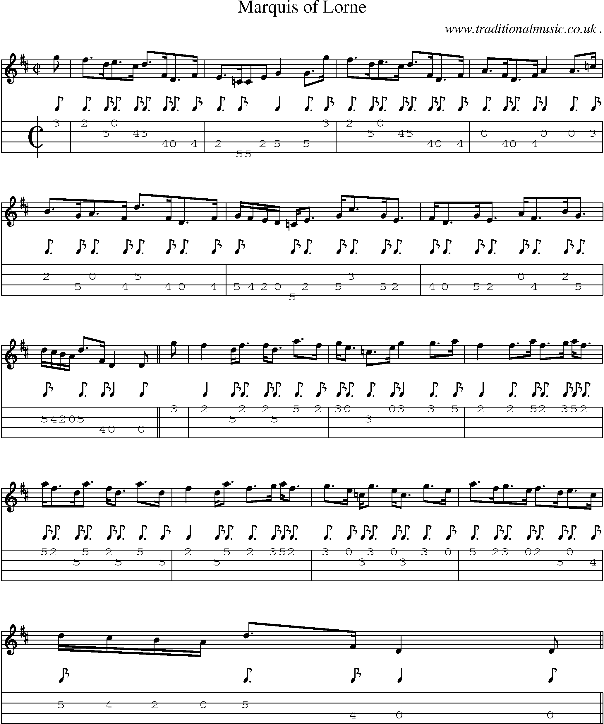 Sheet-music  score, Chords and Mandolin Tabs for Marquis Of Lorne