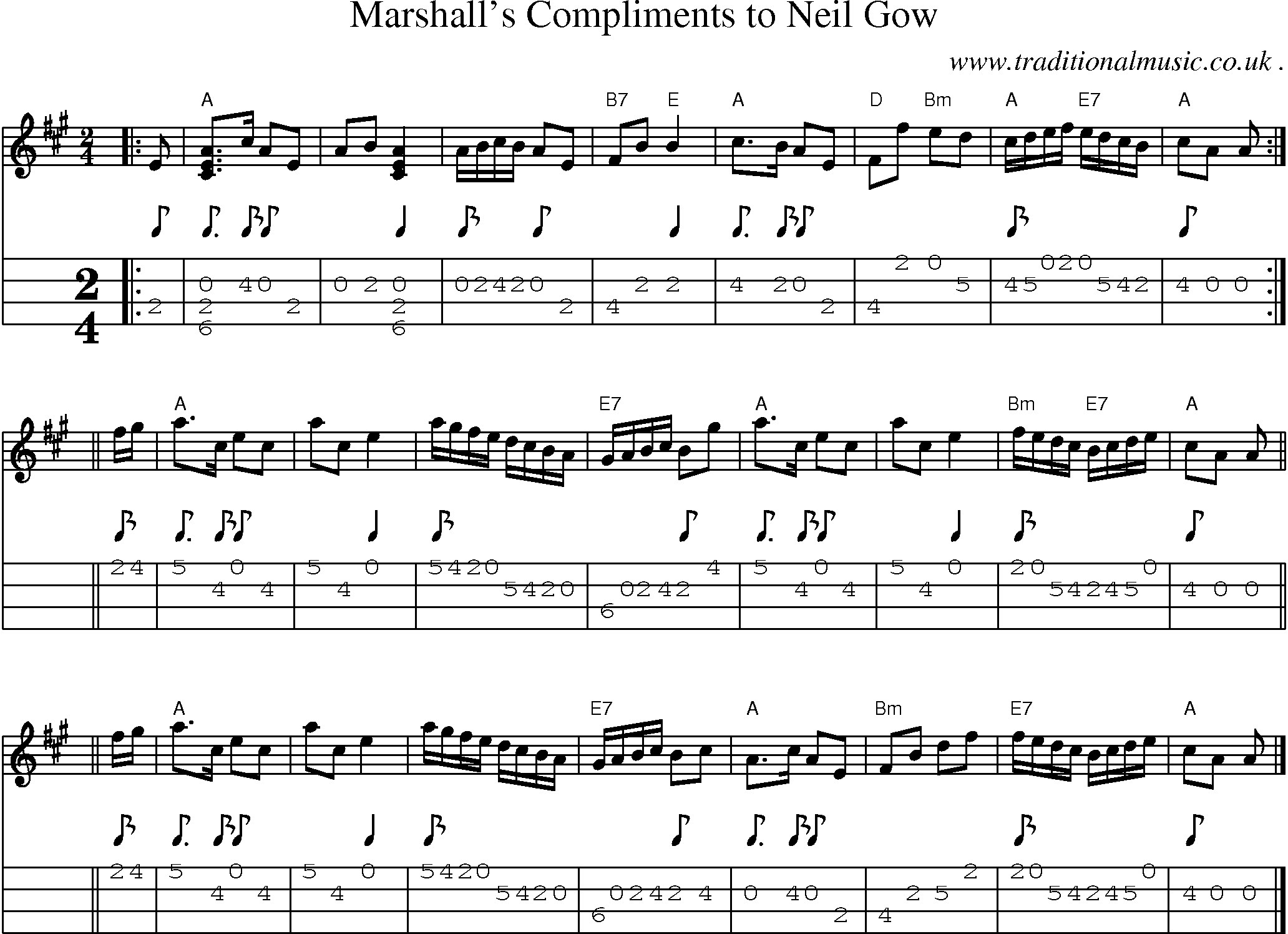 Sheet-music  score, Chords and Mandolin Tabs for Marshalls Compliments To Neil Gow