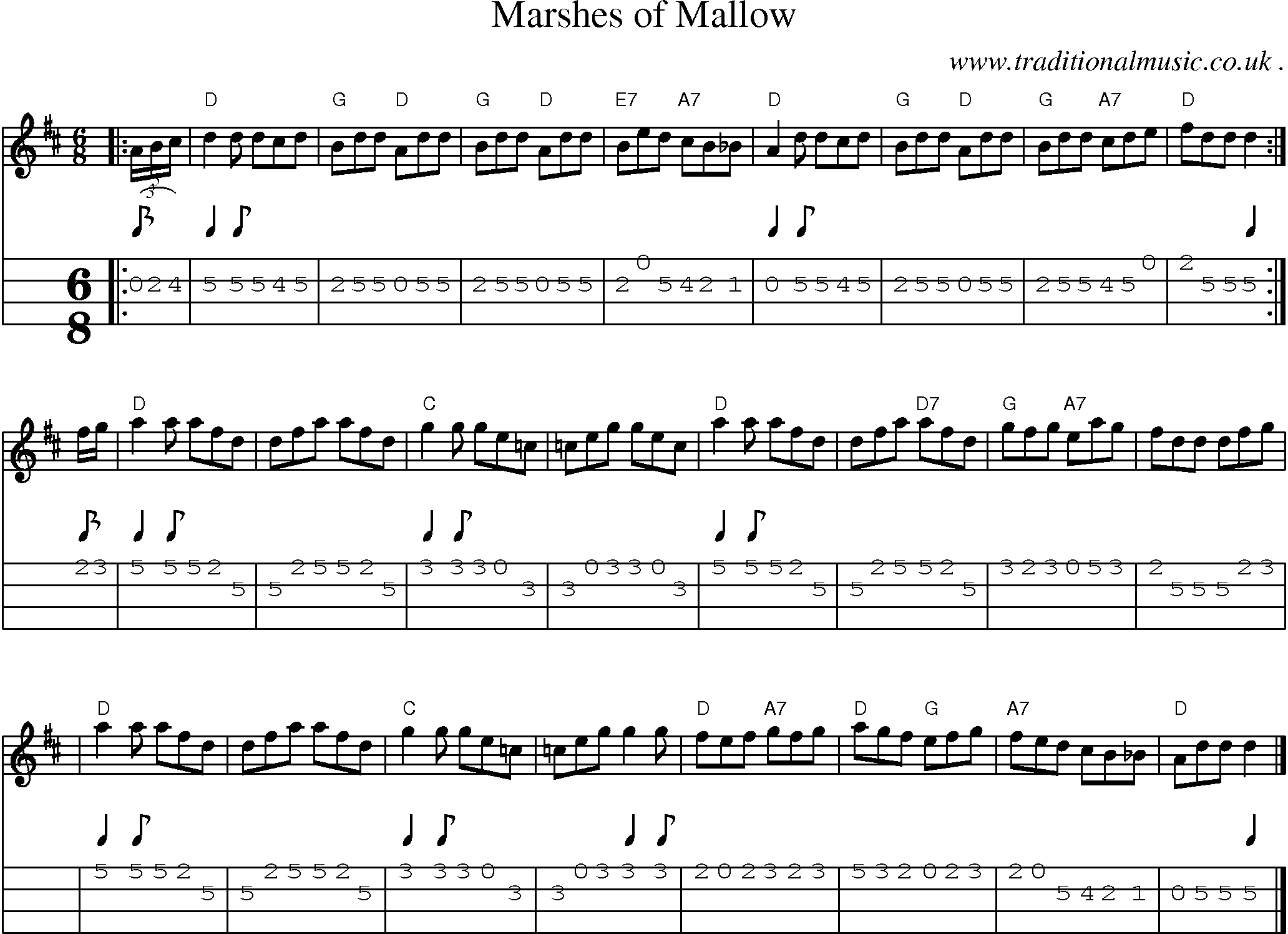 Sheet-music  score, Chords and Mandolin Tabs for Marshes Of Mallow