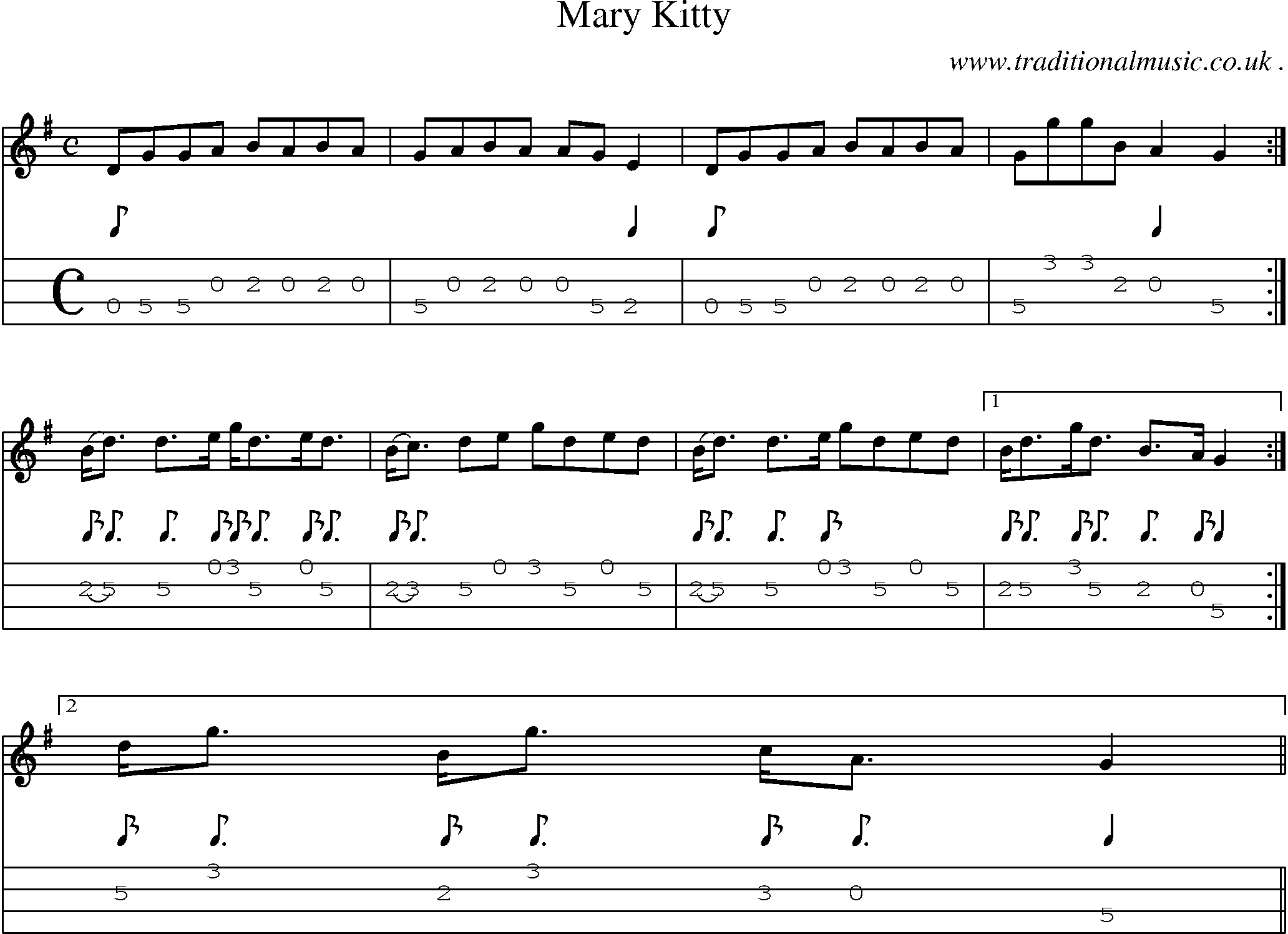 Sheet-music  score, Chords and Mandolin Tabs for Mary Kitty