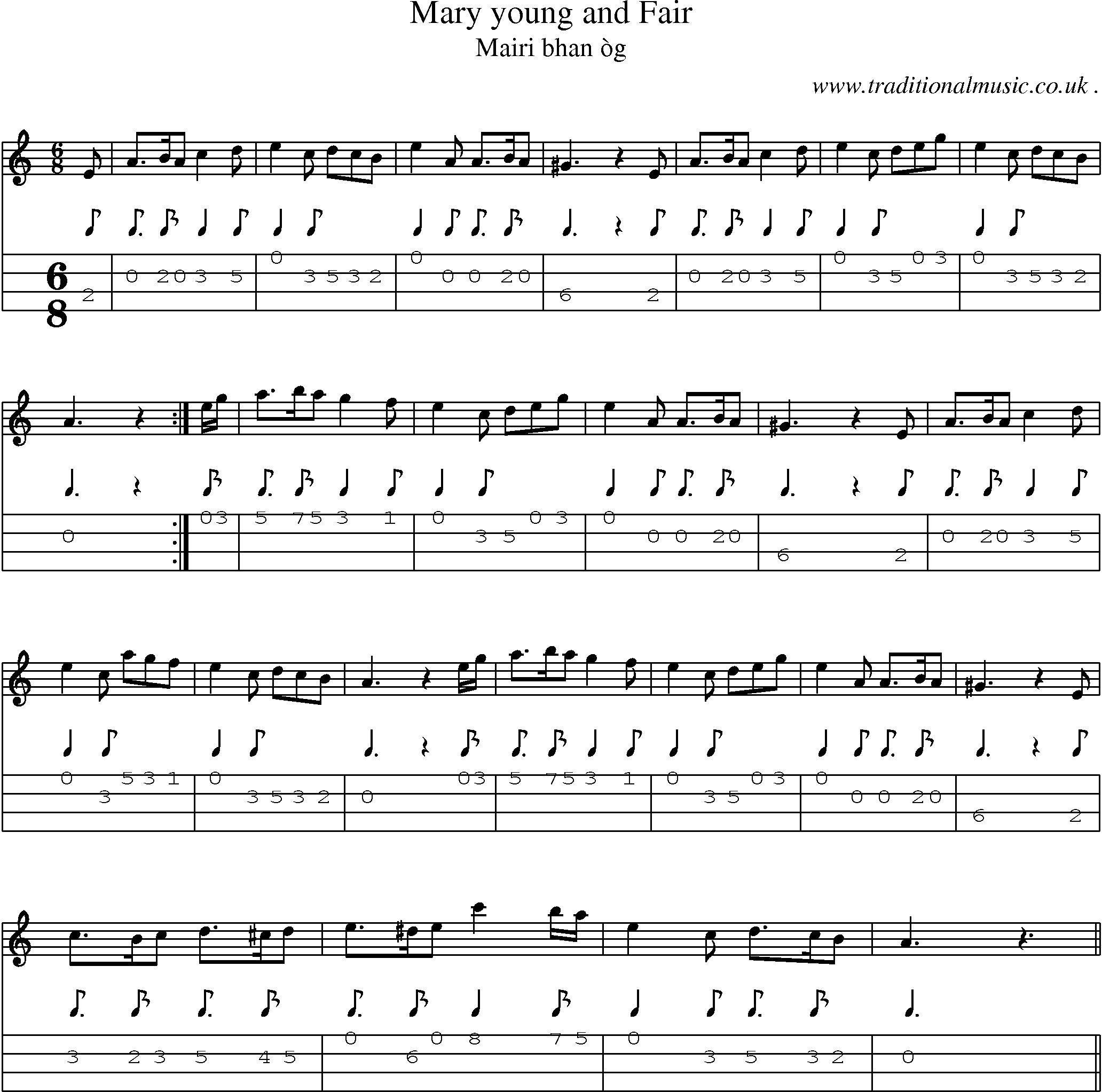 Sheet-music  score, Chords and Mandolin Tabs for Mary Young And Fair