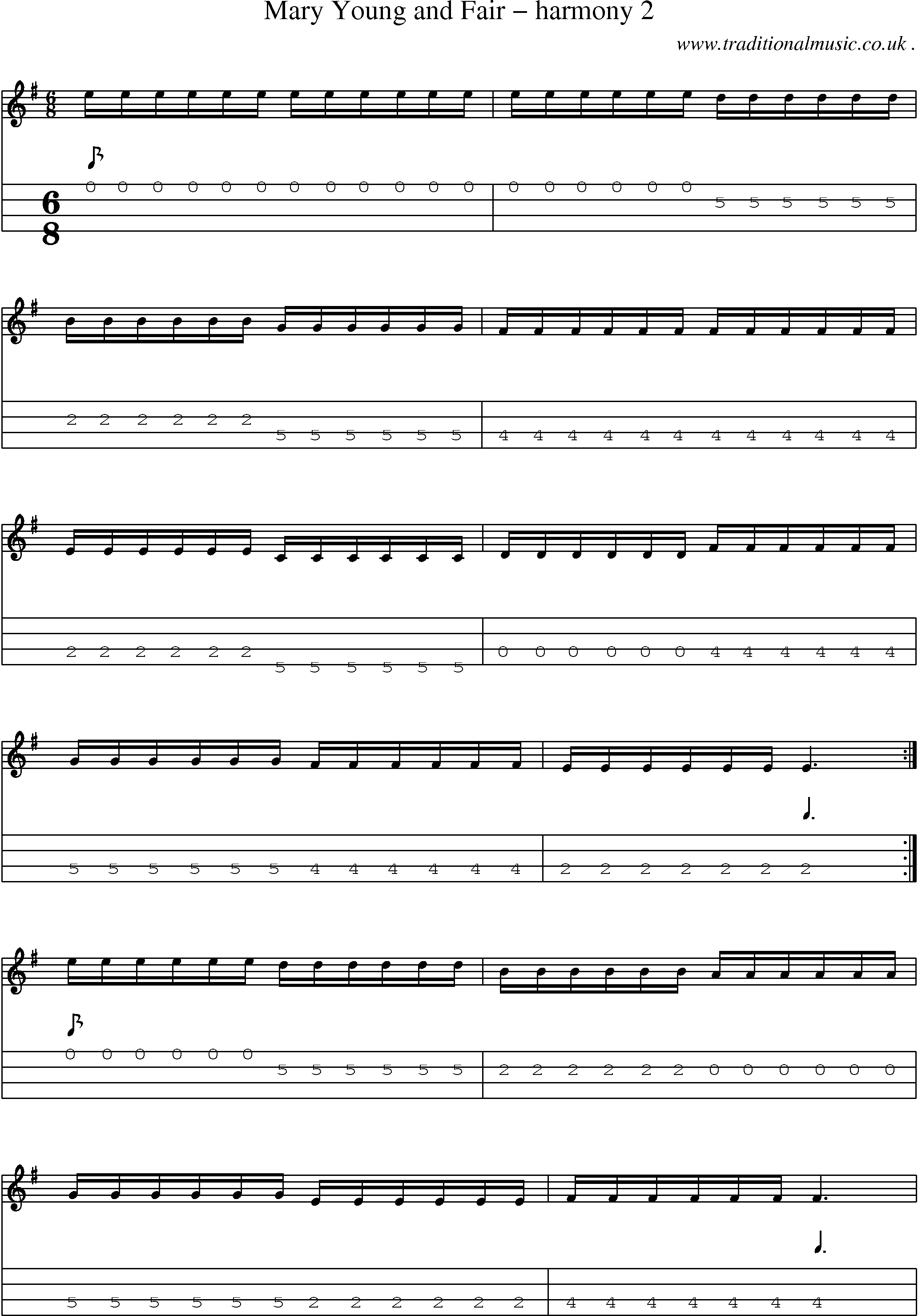 Sheet-music  score, Chords and Mandolin Tabs for Mary Young And Fair Harmony 2