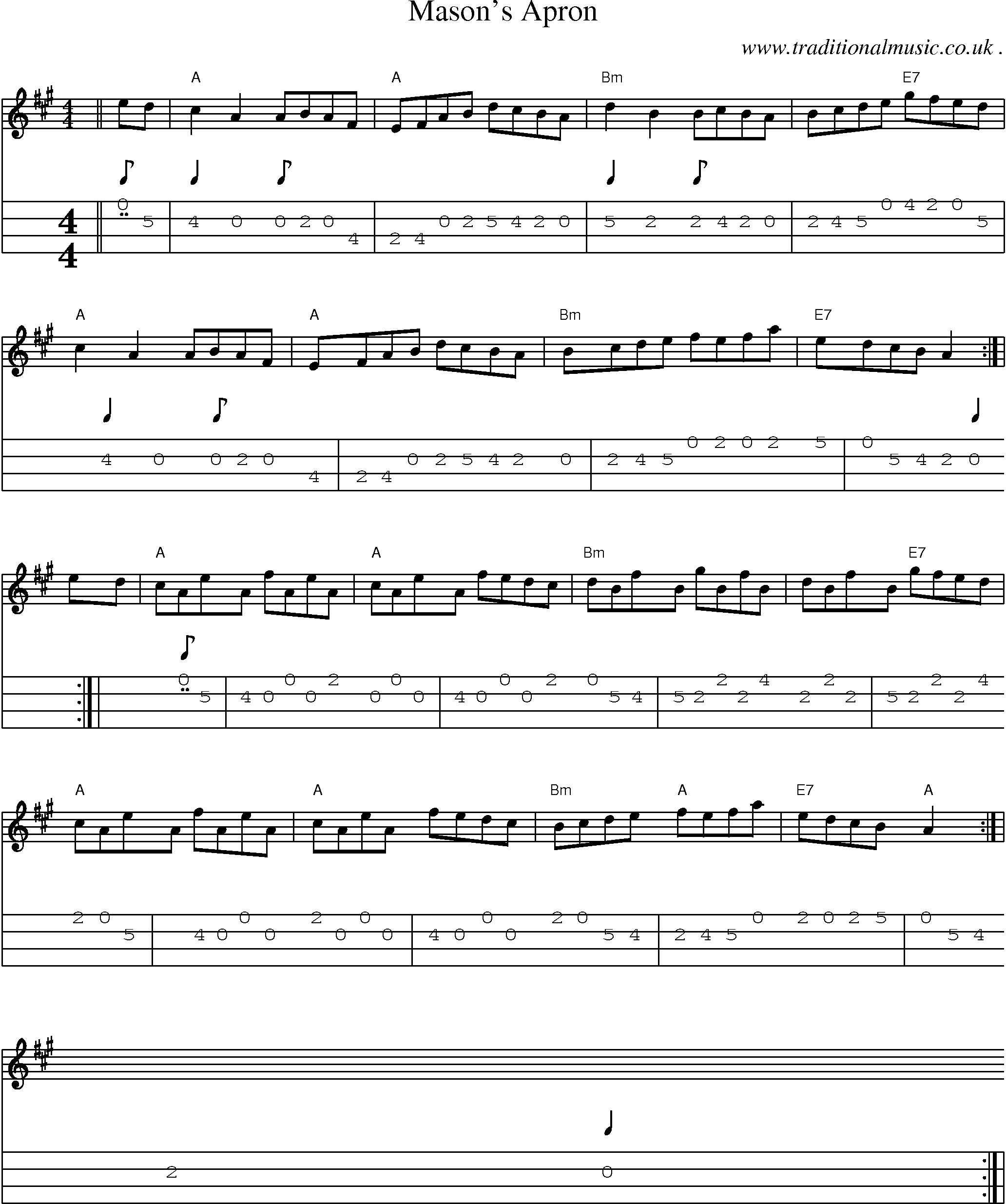 Sheet-music  score, Chords and Mandolin Tabs for Masons Apron1