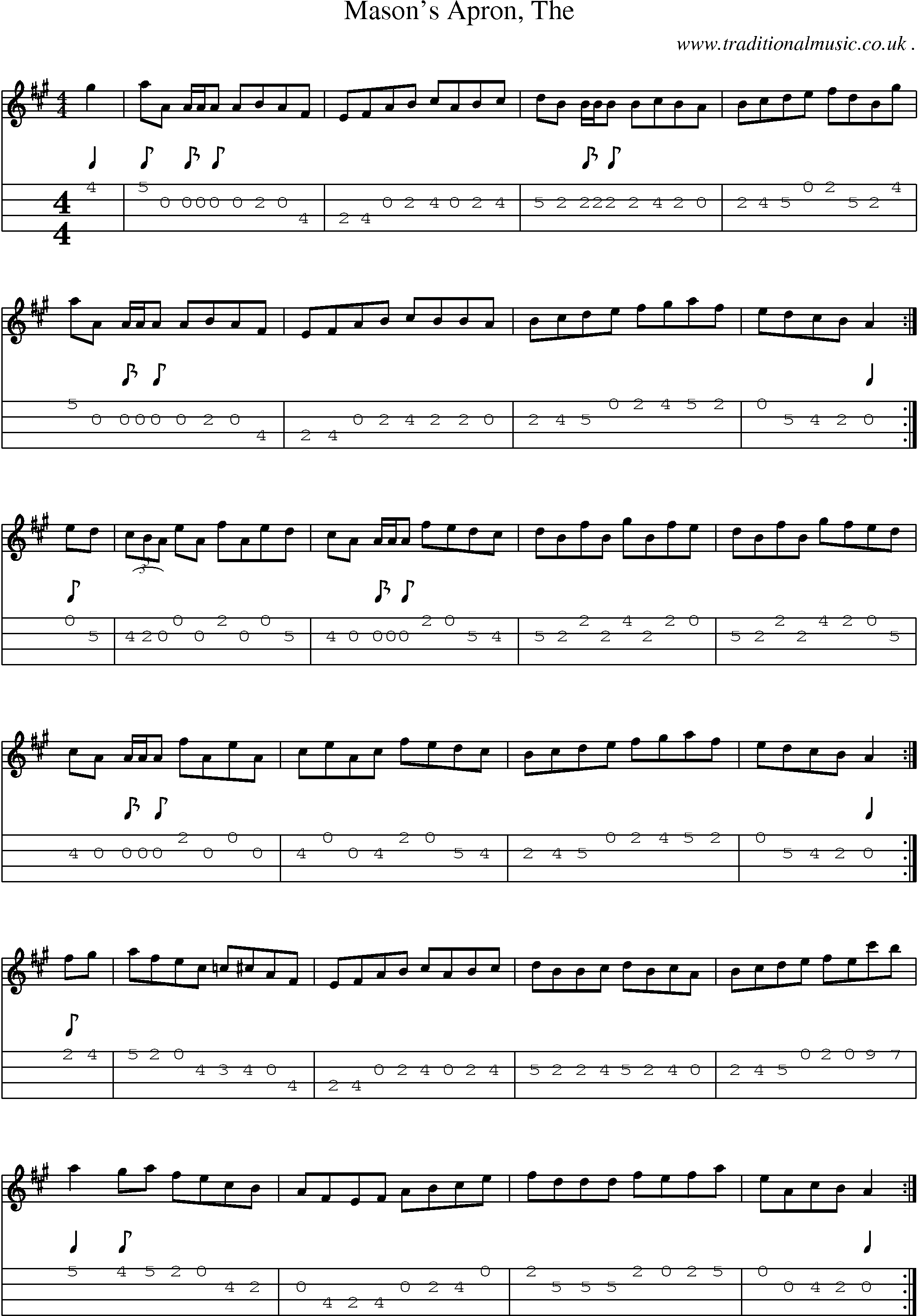 Sheet-music  score, Chords and Mandolin Tabs for Masons Apron The