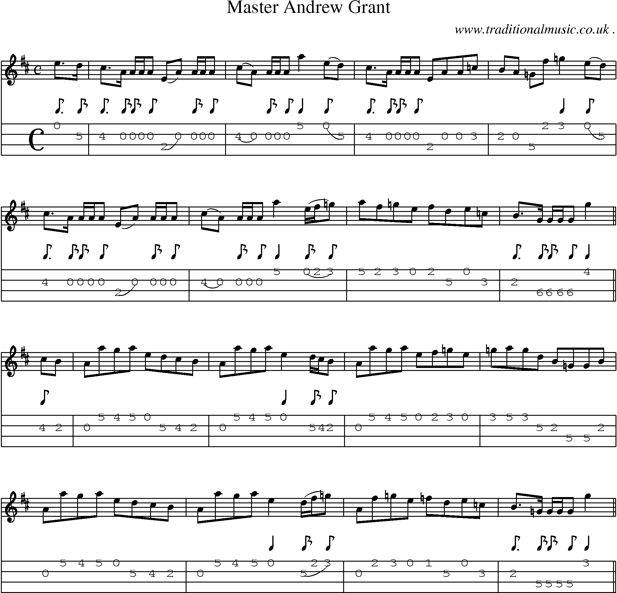 Sheet-music  score, Chords and Mandolin Tabs for Master Andrew Grant