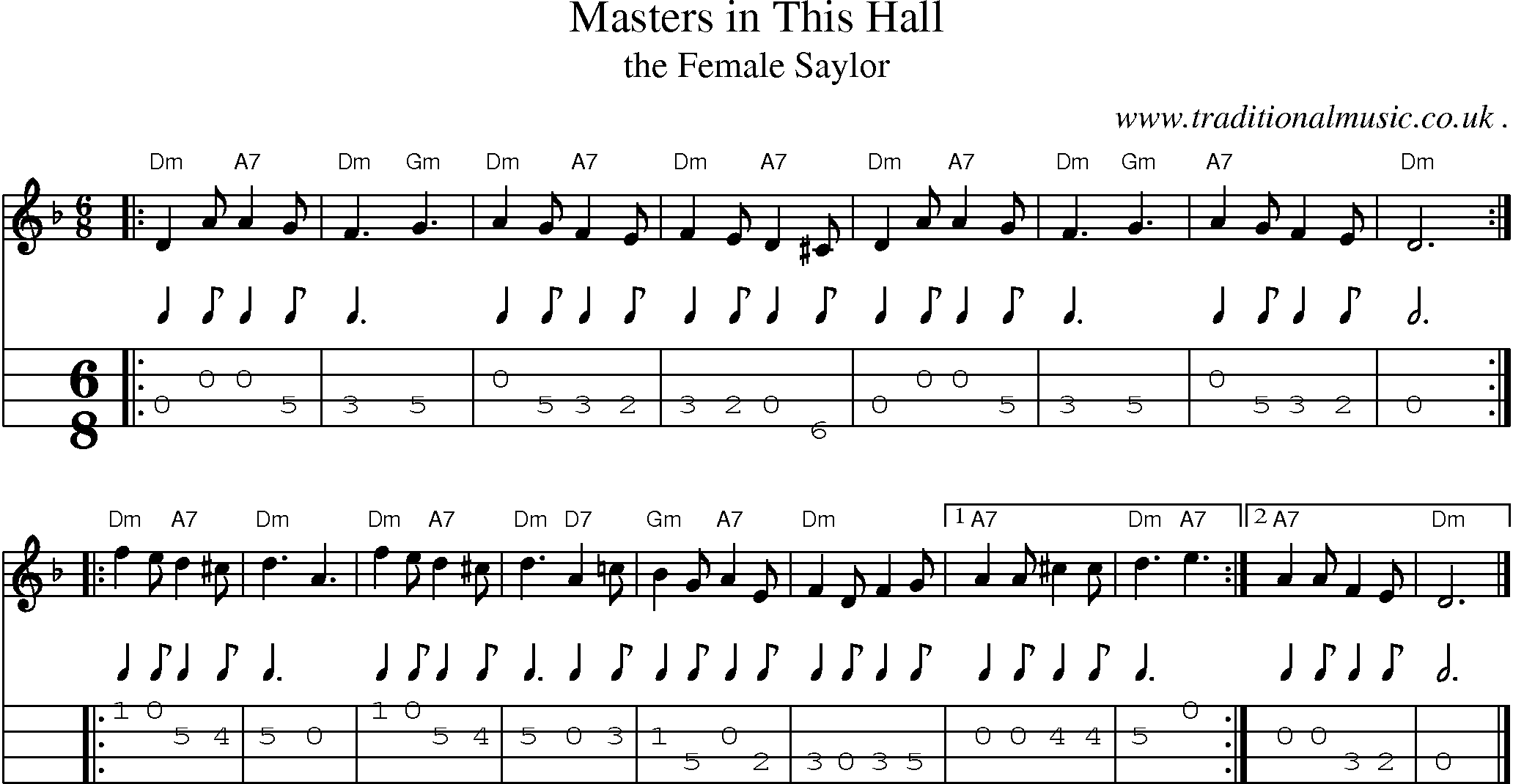 Sheet-music  score, Chords and Mandolin Tabs for Masters In This Hall