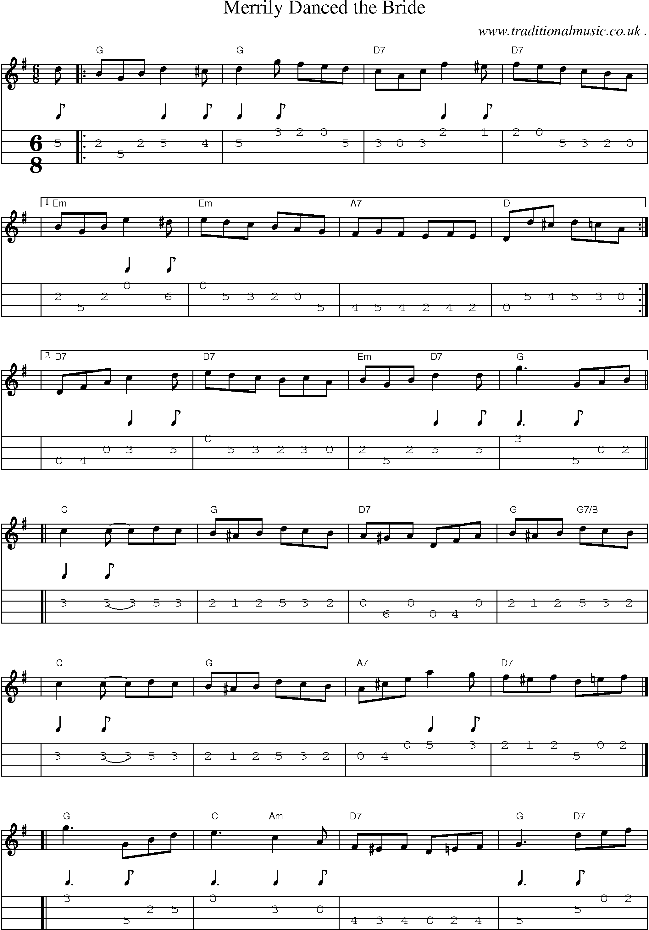 Sheet-music  score, Chords and Mandolin Tabs for Merrily Danced The Bride