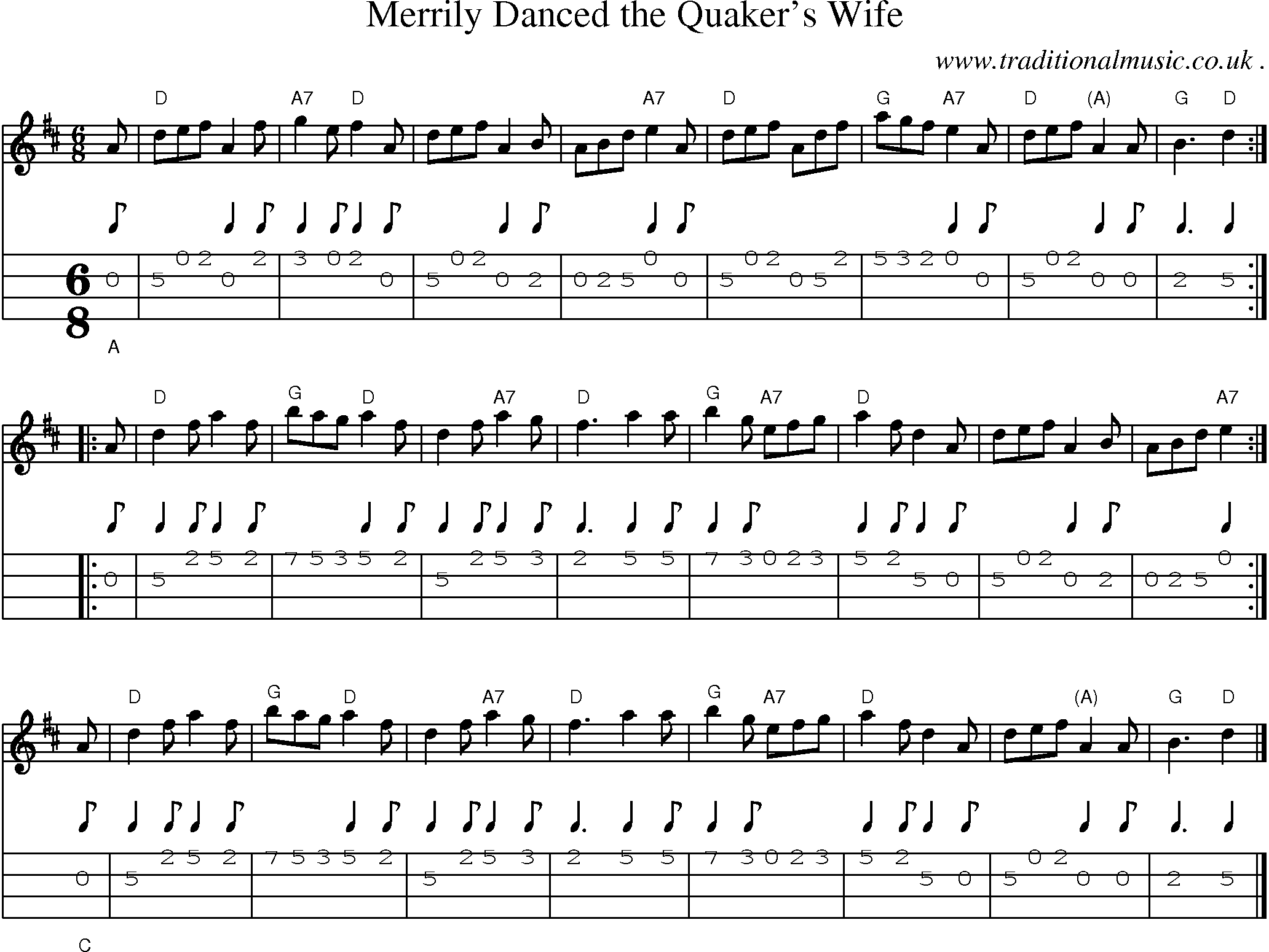 Sheet-music  score, Chords and Mandolin Tabs for Merrily Danced The Quakers Wife