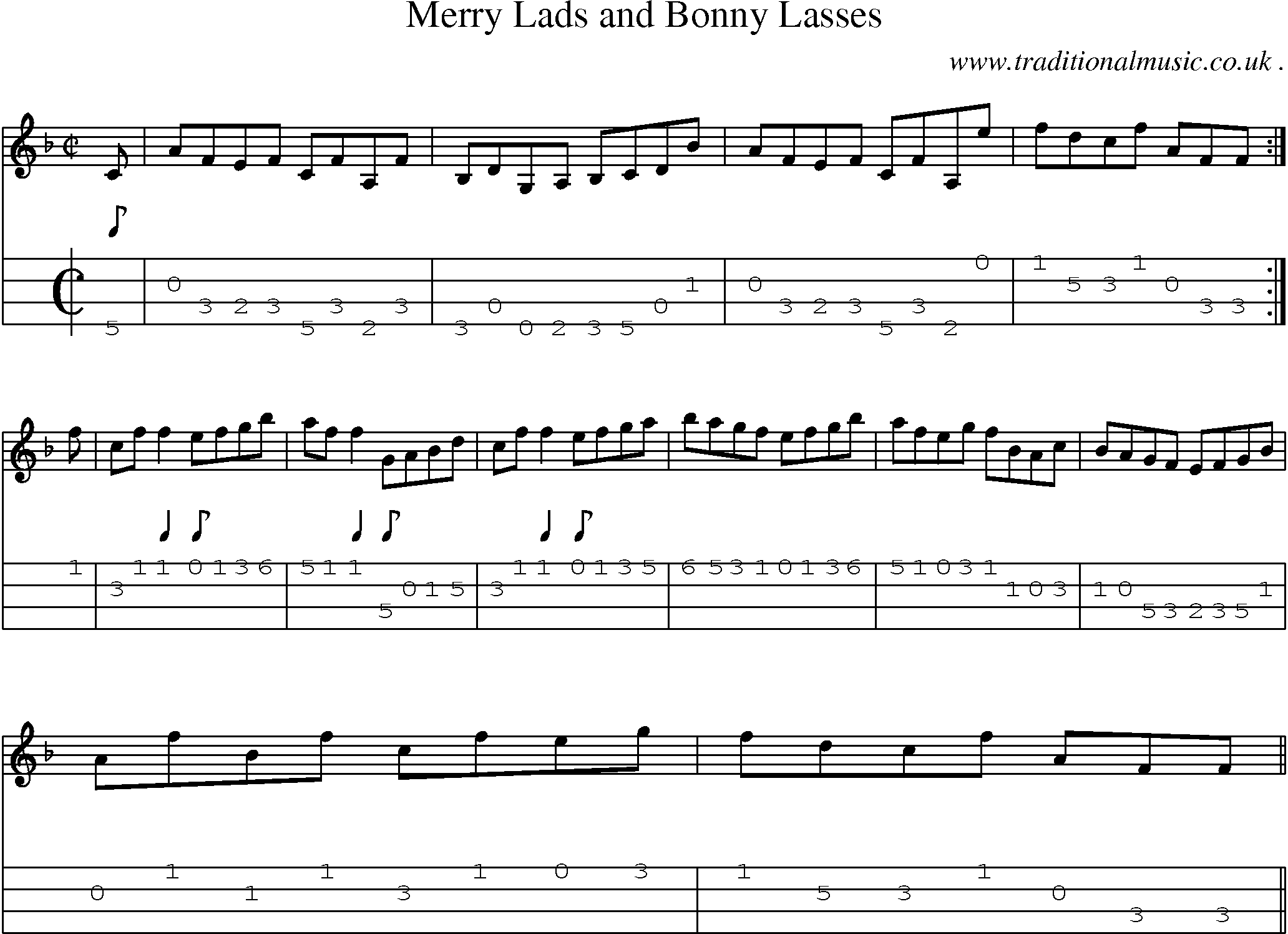 Sheet-music  score, Chords and Mandolin Tabs for Merry Lads And Bonny Lasses